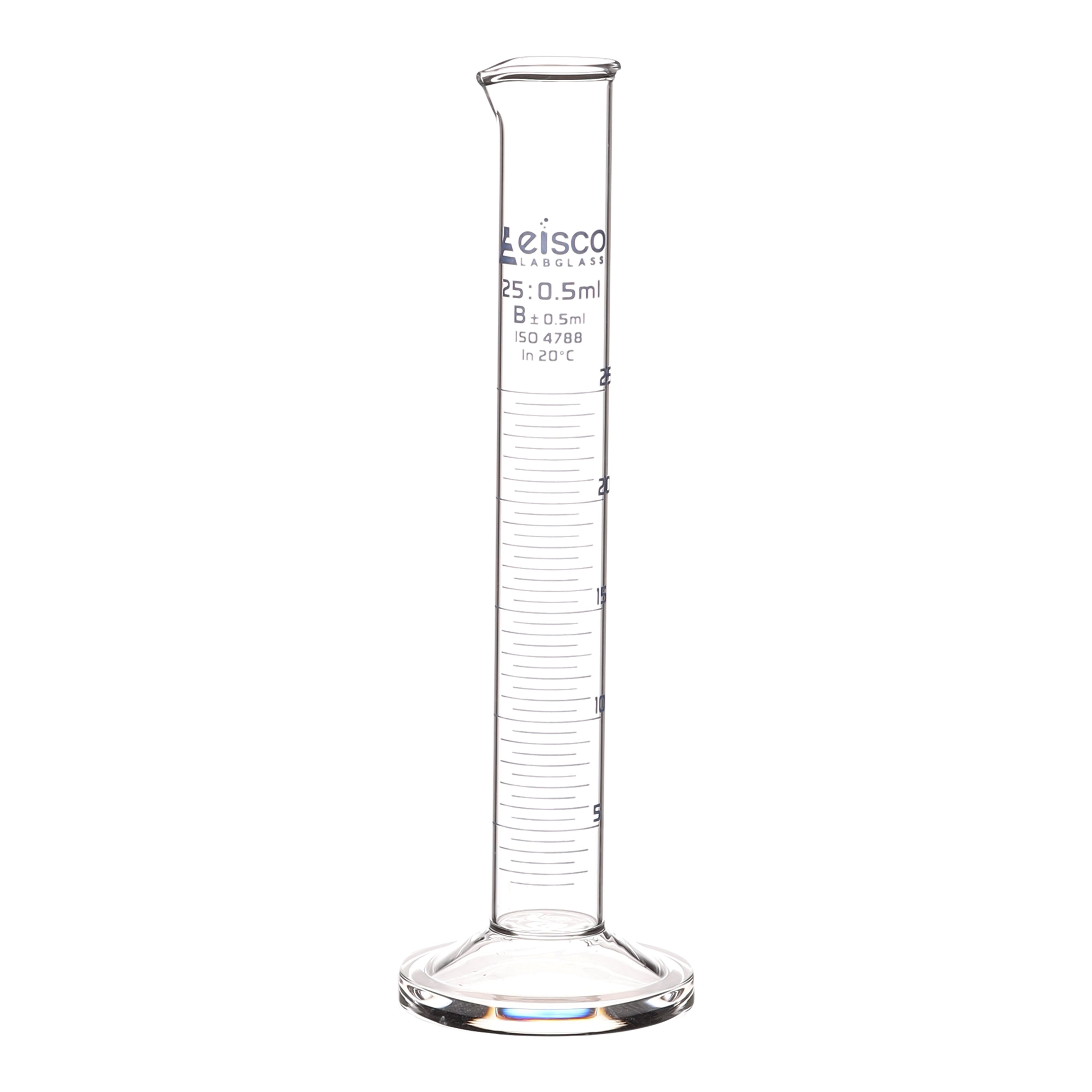 Class B Graduated Cylinder with Round Base, 25mL, Blue Graduations, Borosilicate Glass