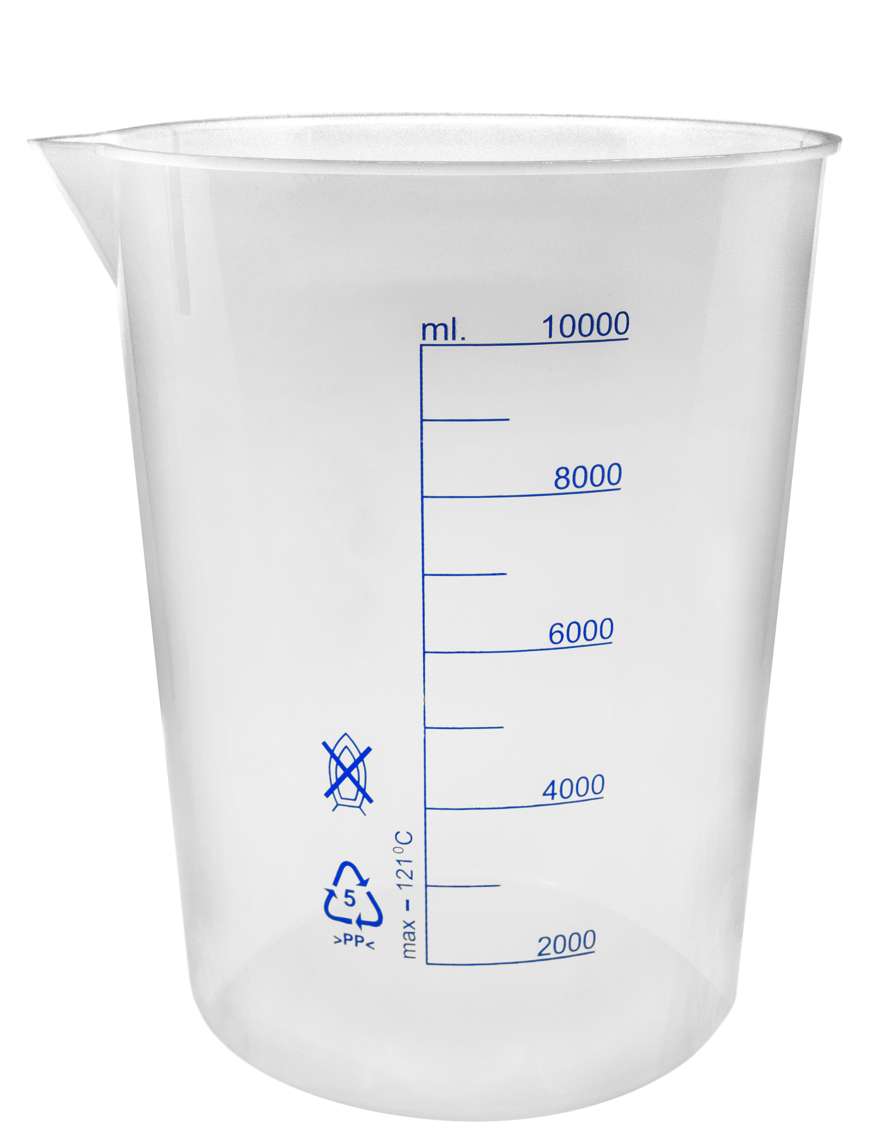 Polypropylene Beaker with Spout and Blue Graduations, 10000mL