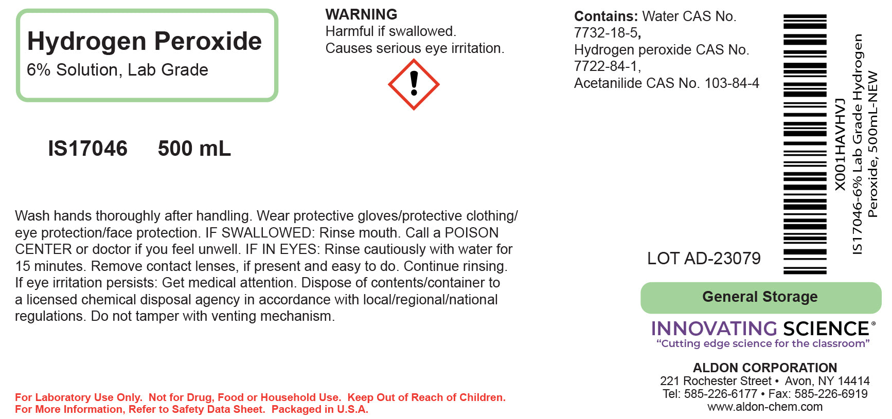 Hydrogen Peroxide Solution, 6%, 500mL, Laboratory Grade