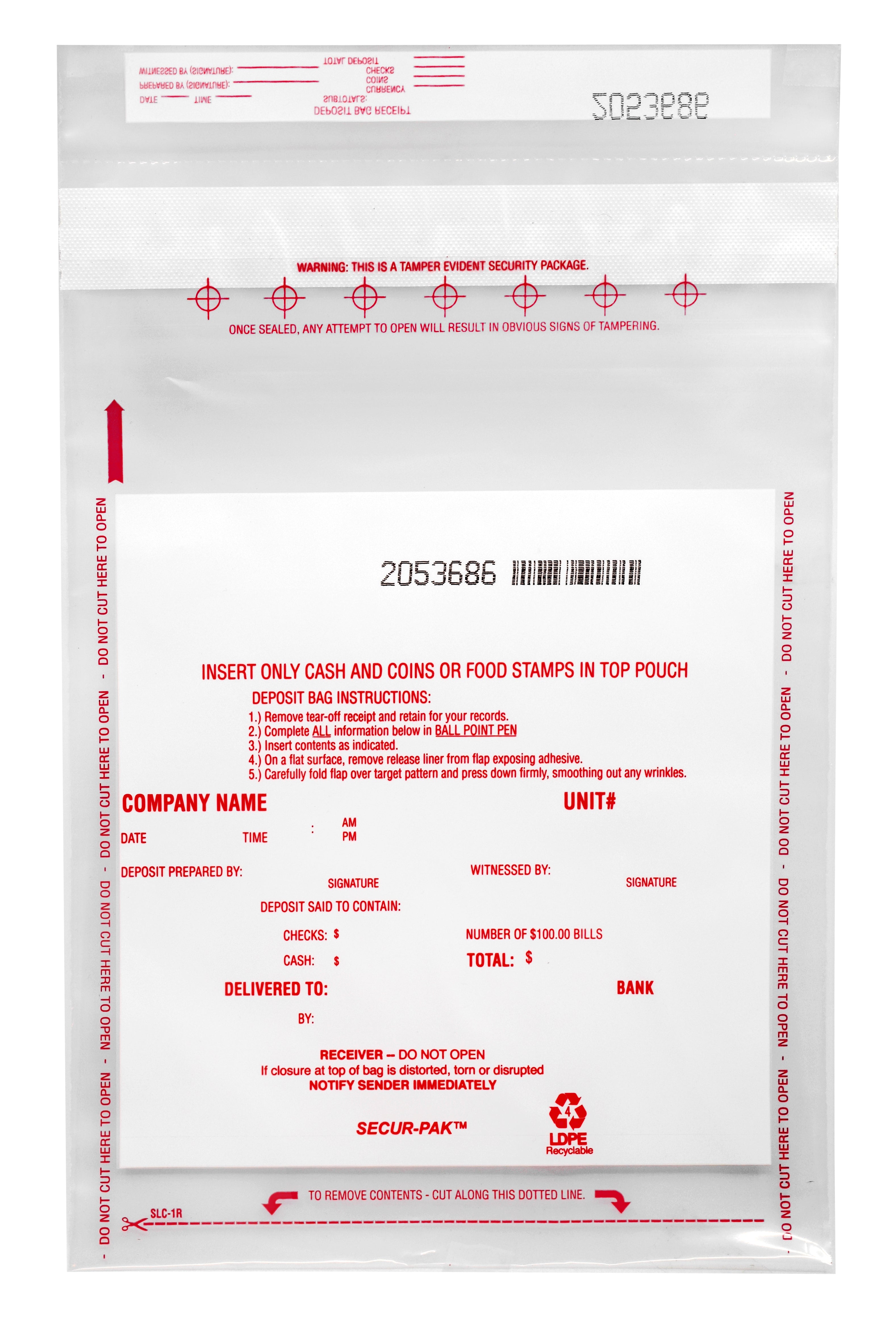 Tamper-Evident Cash/Coin/Food Stamp Deposit Bags, 9 x 12", 100-Pack