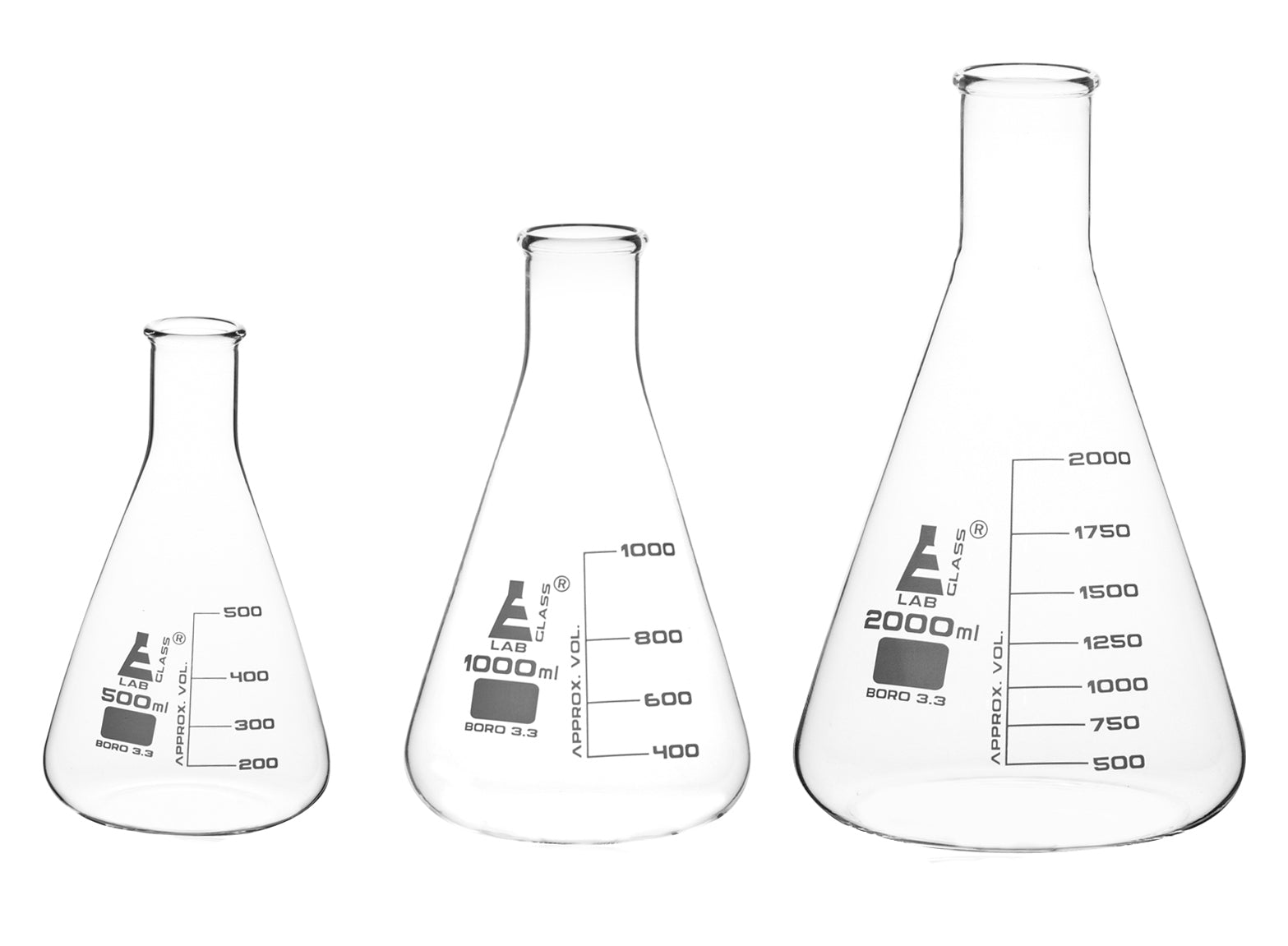 3-Piece Narrow Neck Erlenmeyer Flask Set, 500/1000/2000mL, White Graduations, Borosilicate Glass