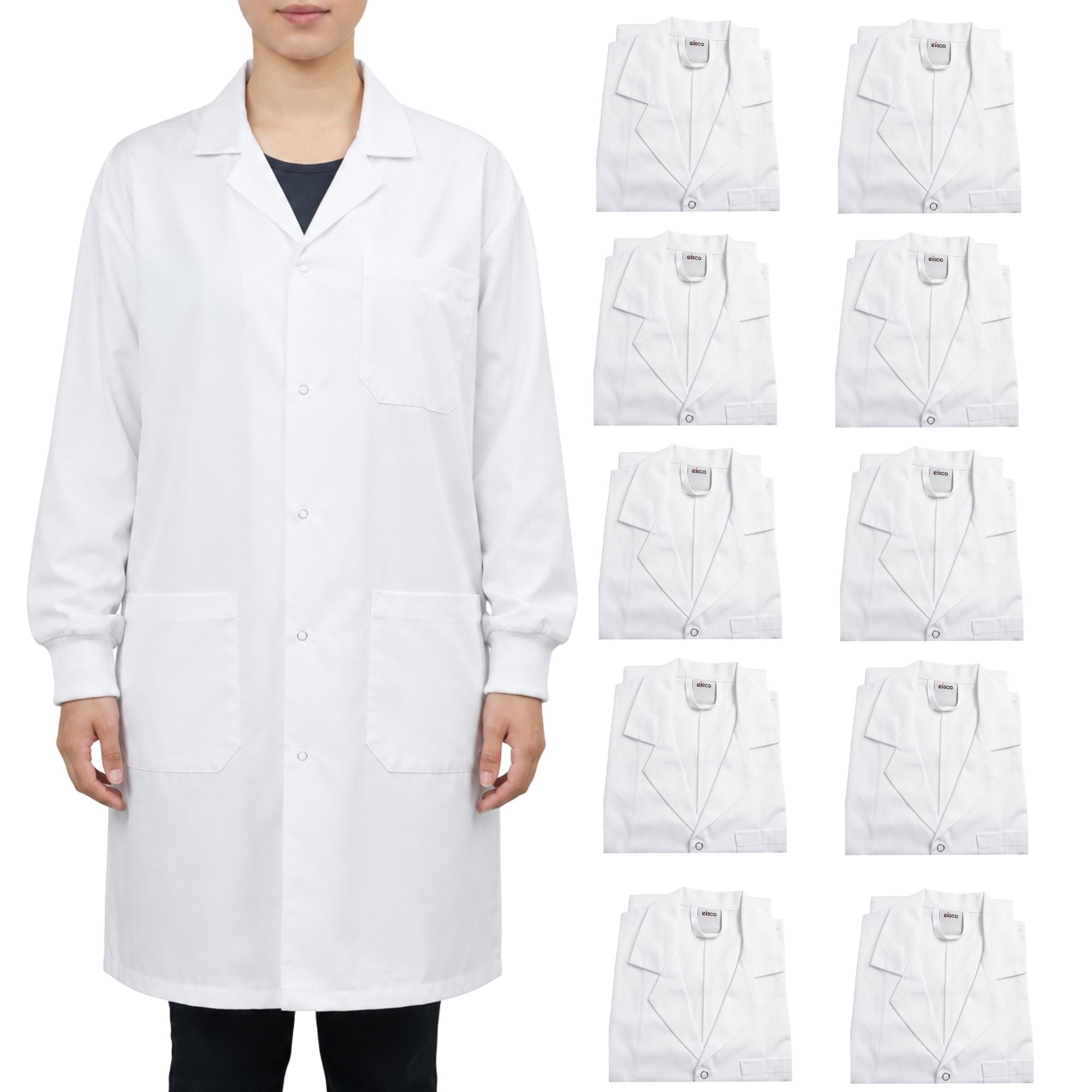 Poly-Cotton Blend Lab Coat with Ribbed Cuff, 10-Pack
