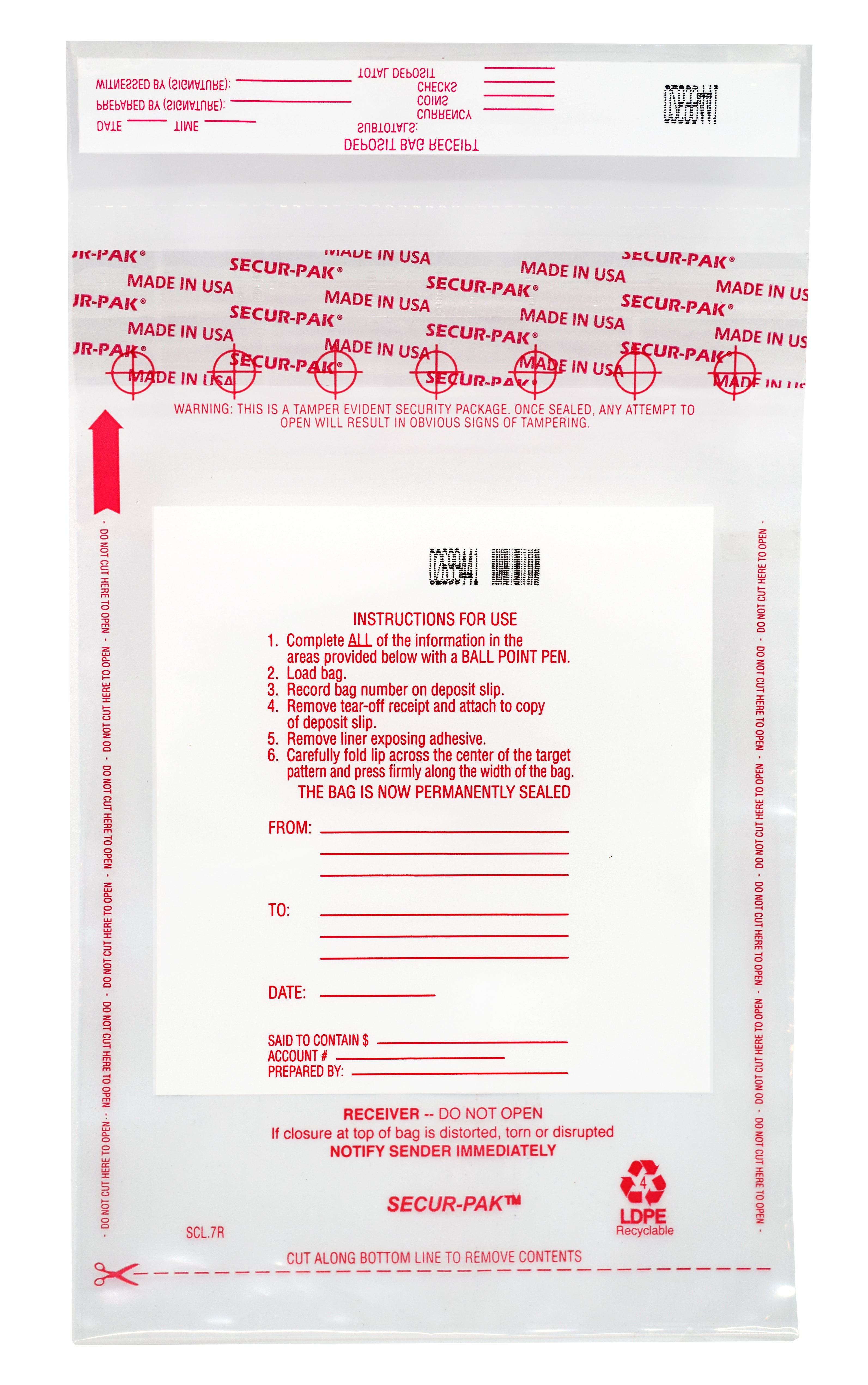 Tamper-Evident Deposit Bags with Barcode, 7 x 10", 100-Pack