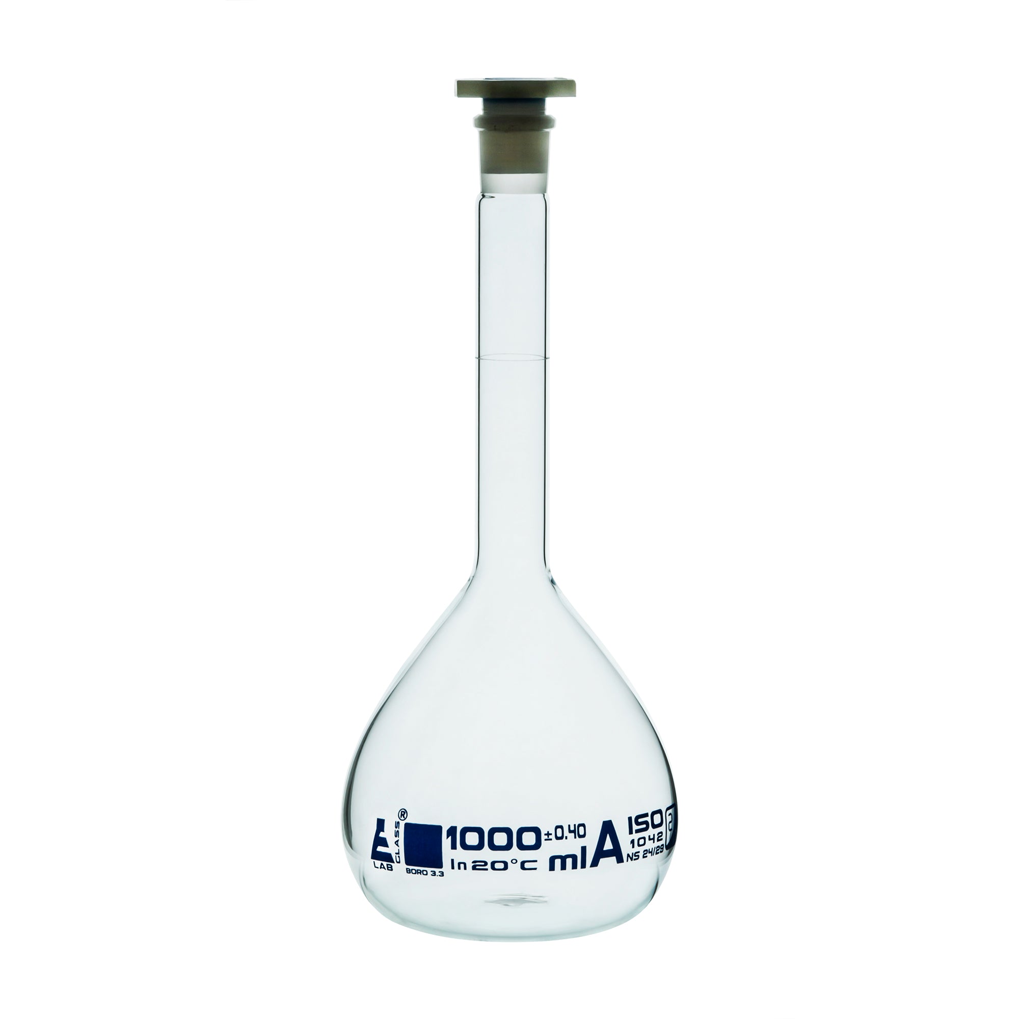 Class A Borosilicate Glass Volumetric Flask with Polyethylene Stopper, Blue Graduations