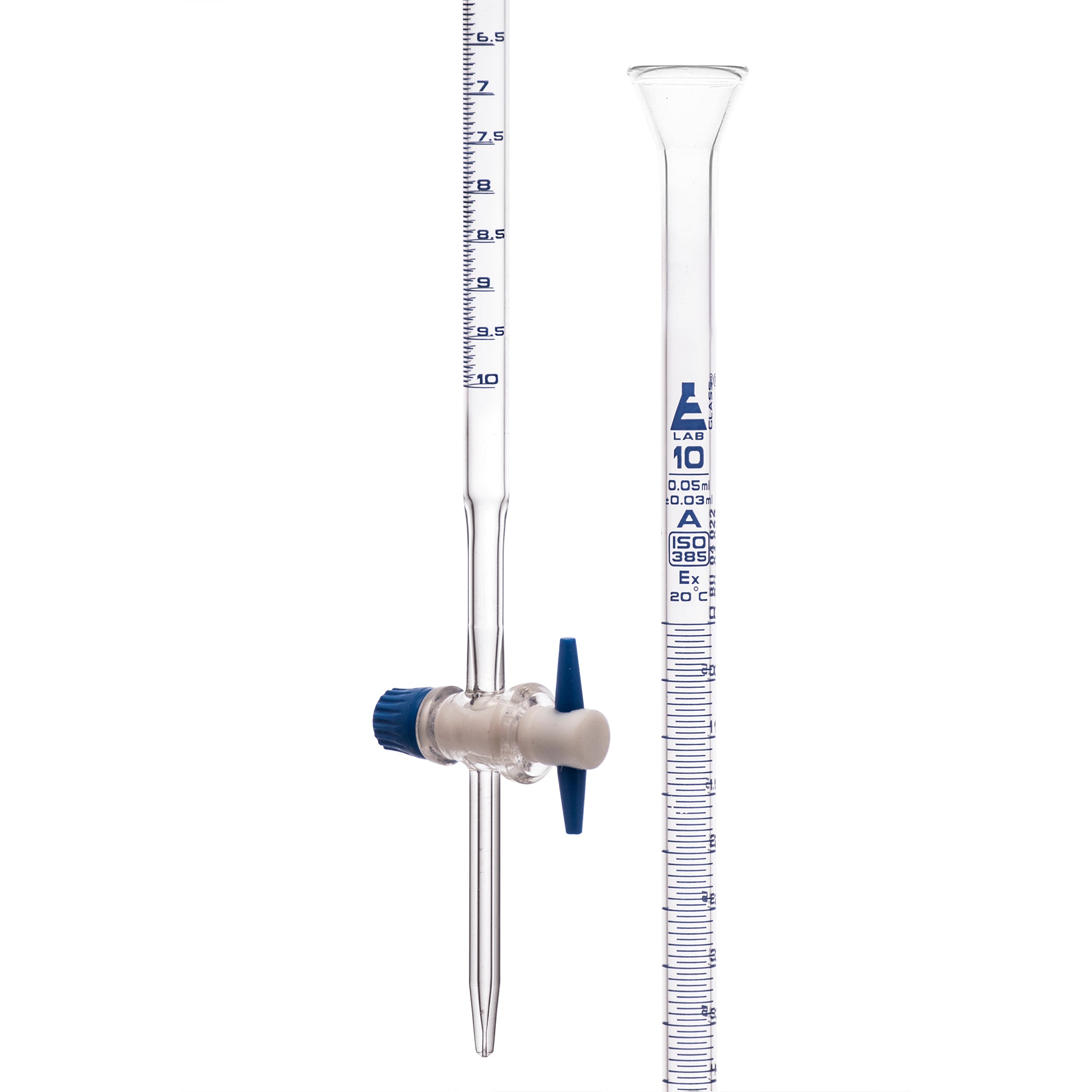 Class A Borosilicate Glass Burette with PTFE Stopcock, 10mL, Blue Graduations