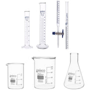 Glass Titration Set with Beakers, Graduated Cylinders, Erlenmeyer Flask and Burette, Borosilicate Glass