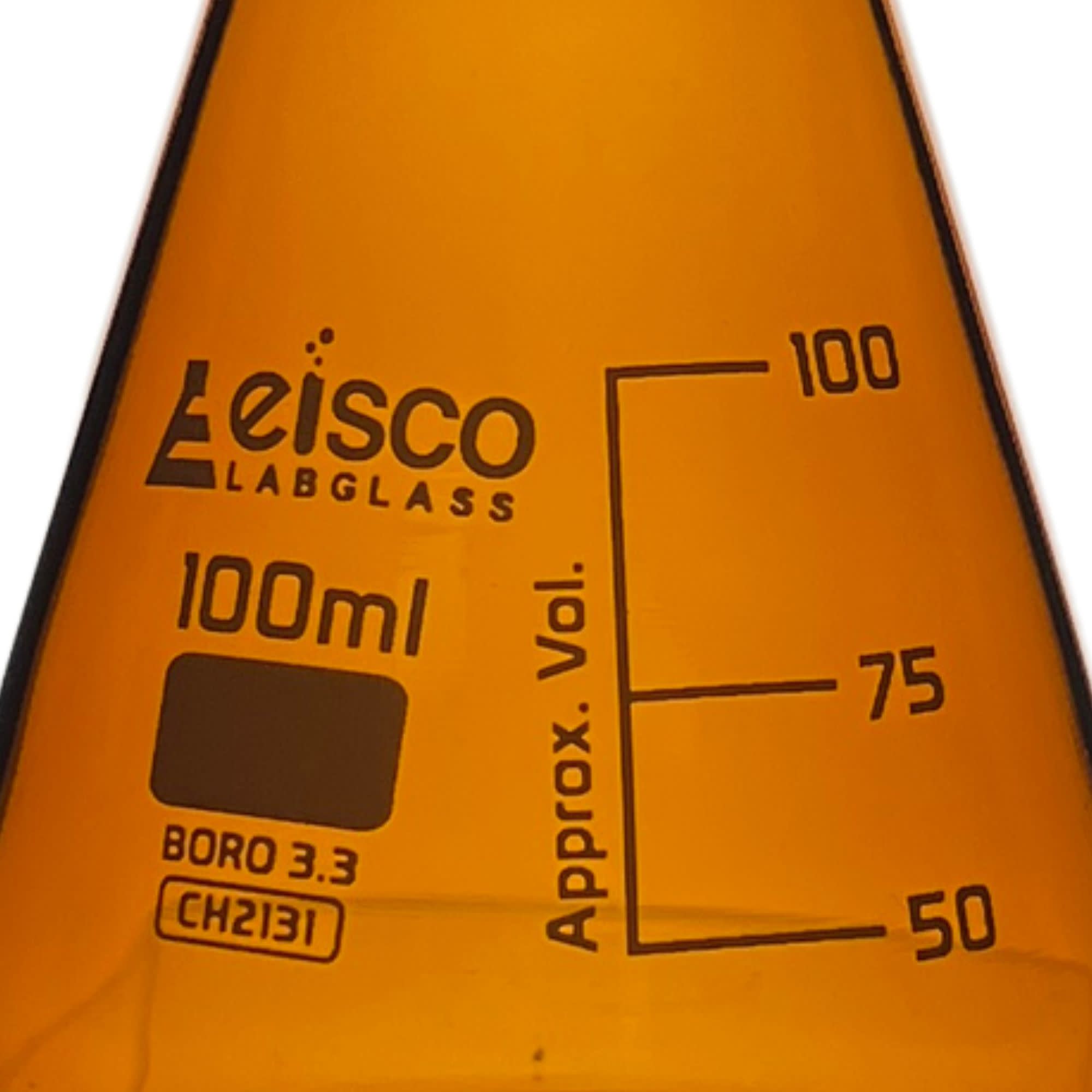 Amber Narrow Neck Erlenmeyer Flask with Graduated Markings at 50/75/100mL, 100mL, Borosilicate Glass