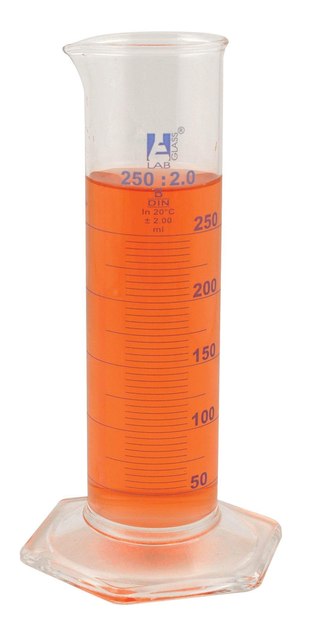 Class B Squat Form Borosilicate Glass Graduated Cylinder with Blue Graduations