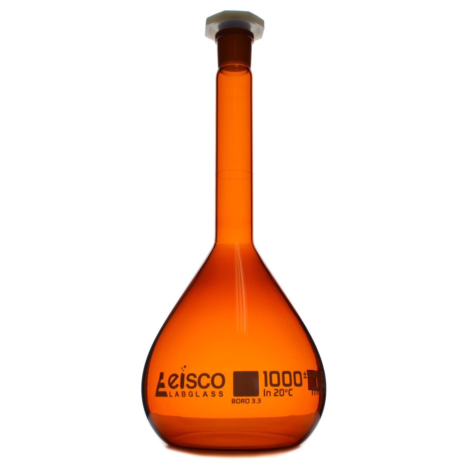 Class A Amber Borosilicate Glass Volumetric Flask with Polyethylene Stopper, QR Certificate