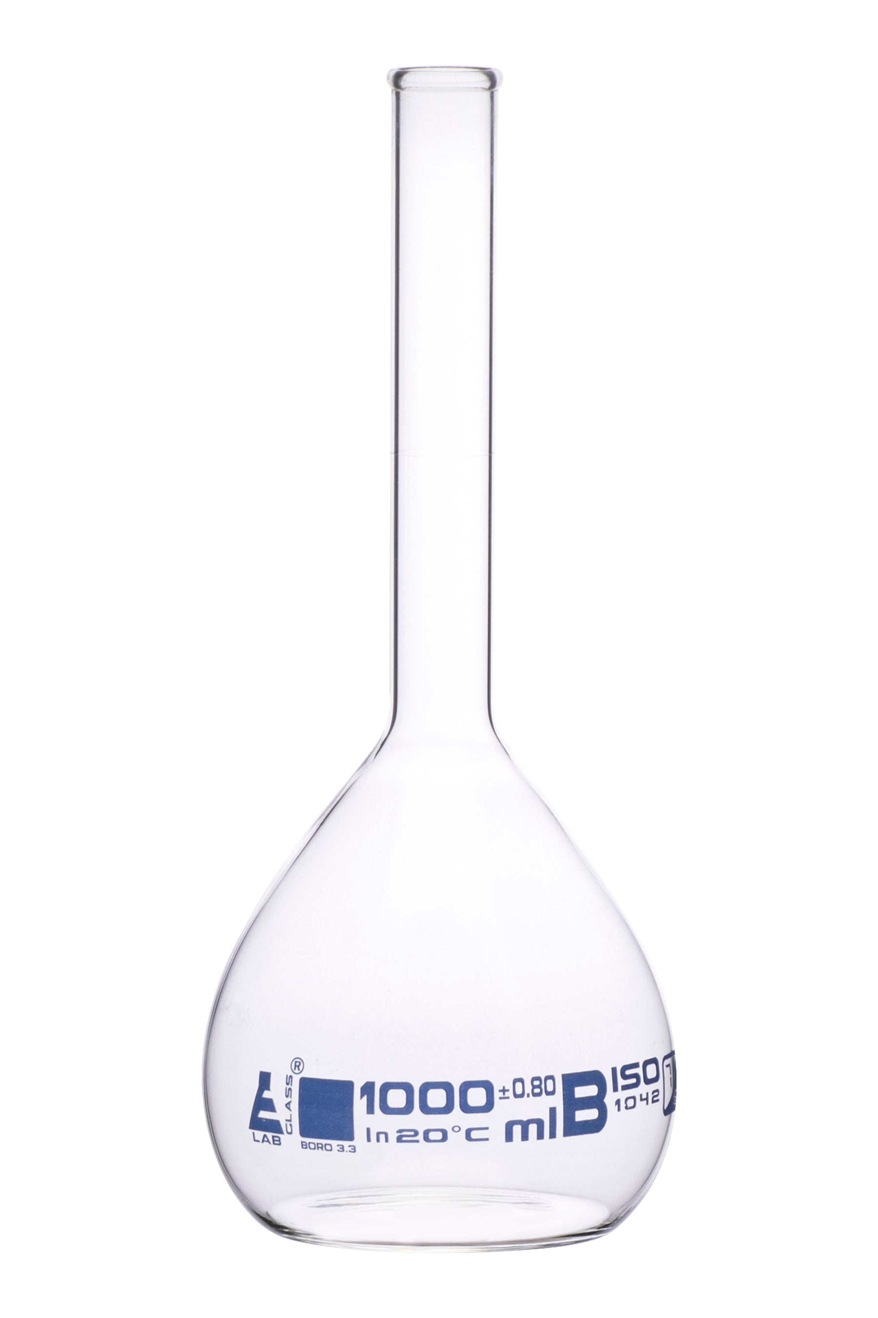 Class B Borosilicate Glass Volumetric Flask with Beaded Rim, Blue Graduations
