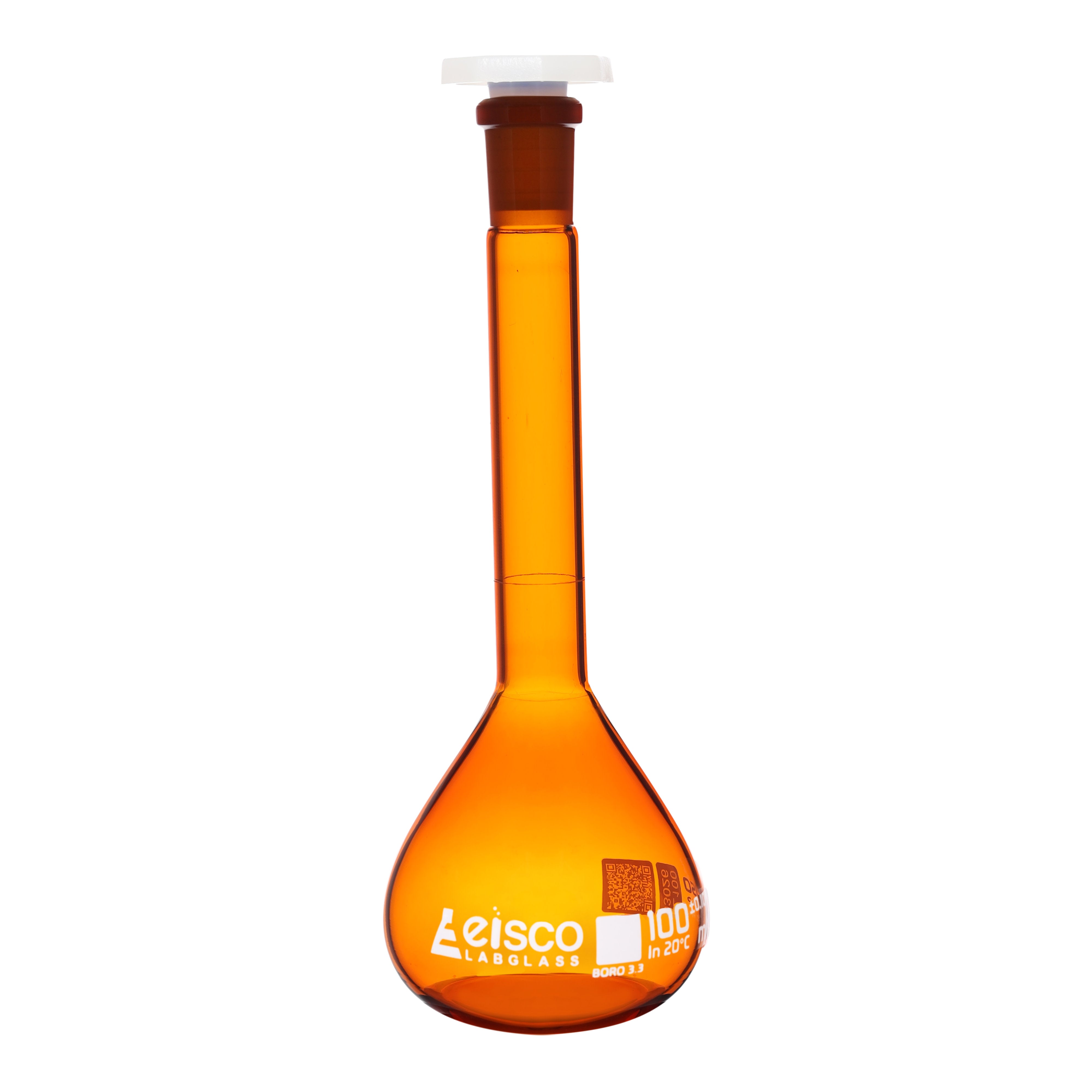 Class A Amber Borosilicate Glass Volumetric Flask with Polyethylene Stopper, QR Certificate