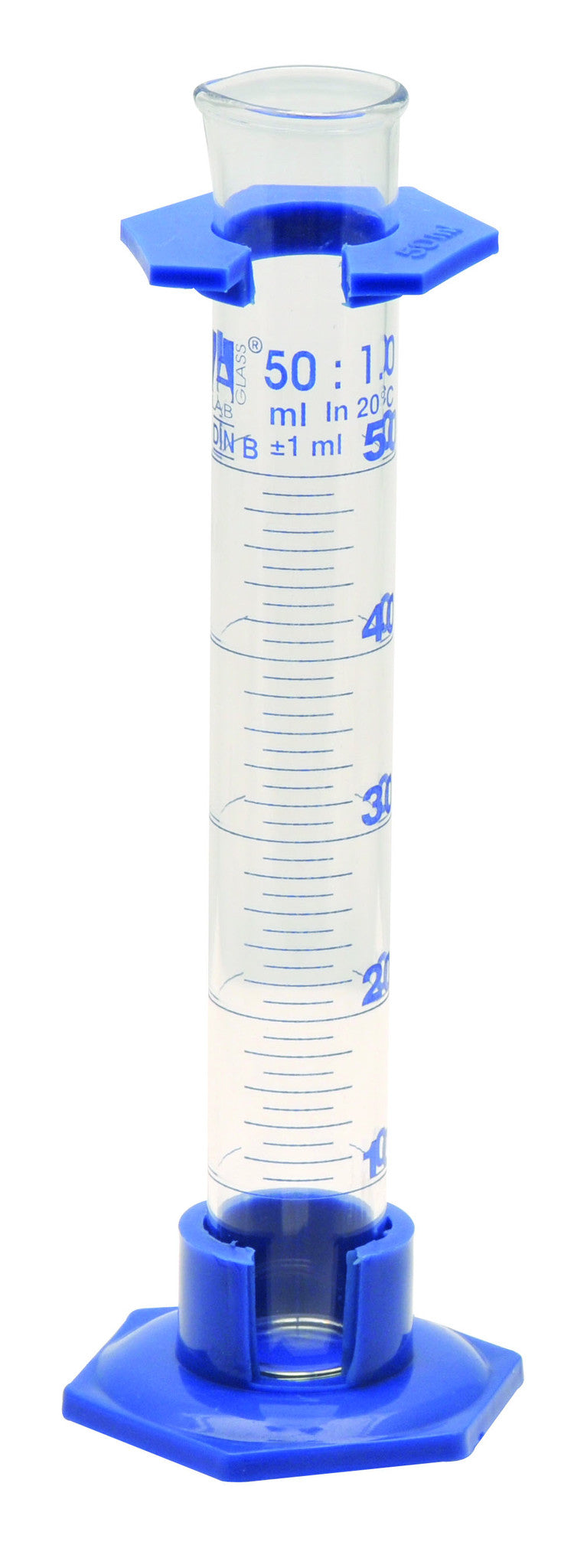 Class B Graduated Cylinder with Hexagonal Base and Protective Collar, 5mL, Blue Graduations, Borosilicate Glass