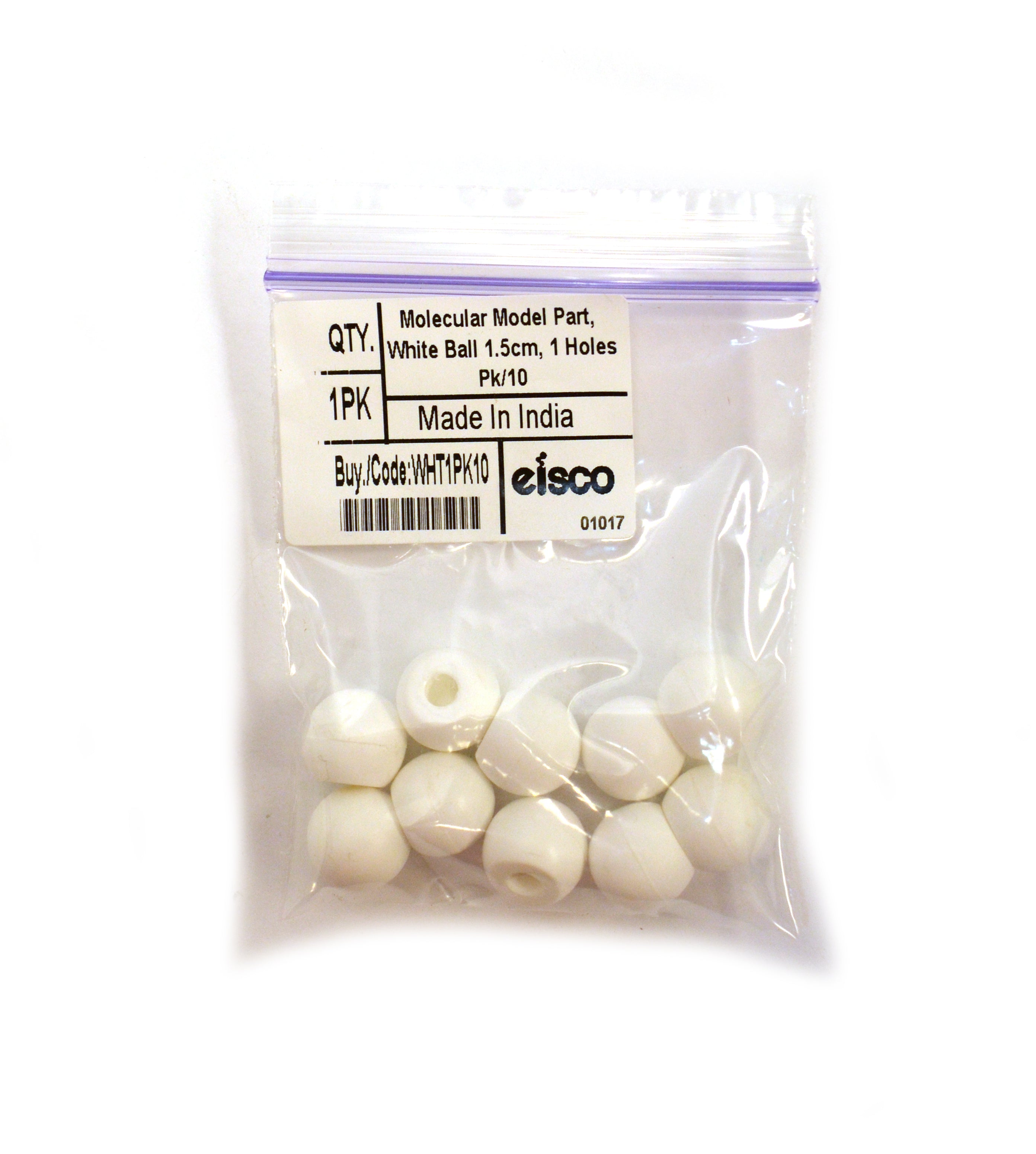 White Molecular Model Atom, 1.5cm, 1 Hole, 10-Pack