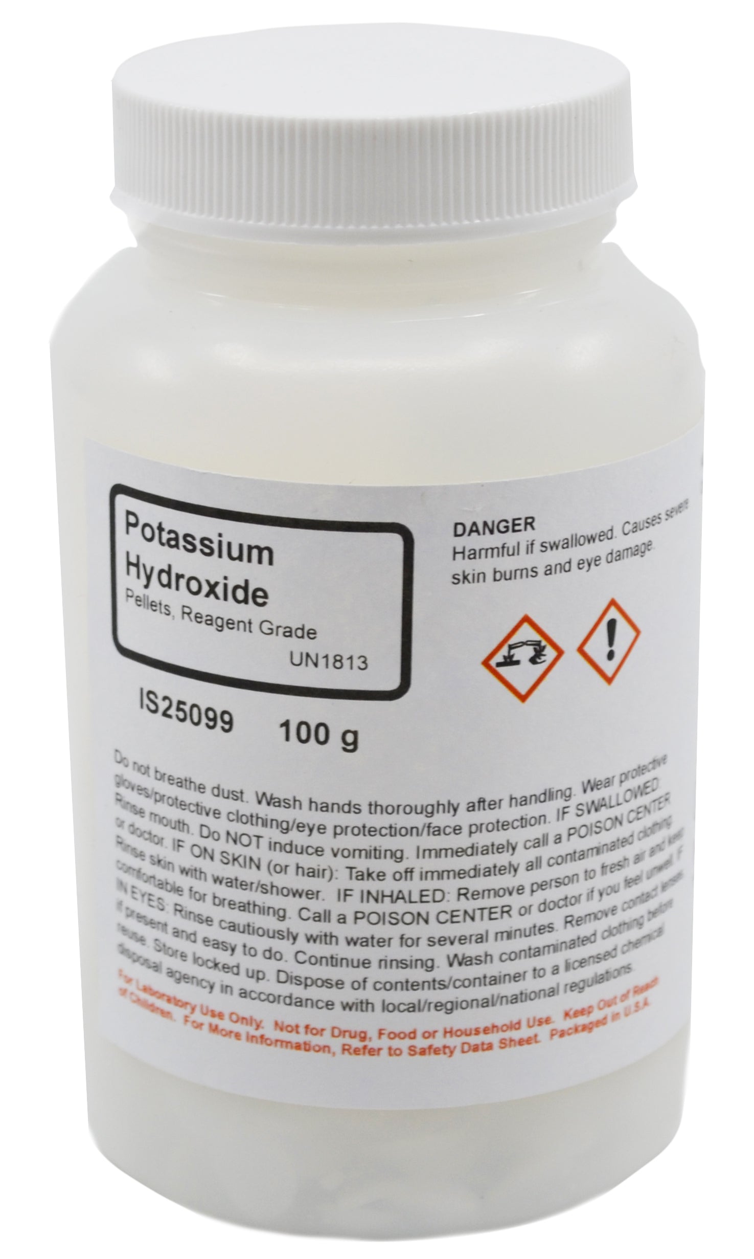 Potassium Hydroxide Pellets, 100g, Reagent Grade
