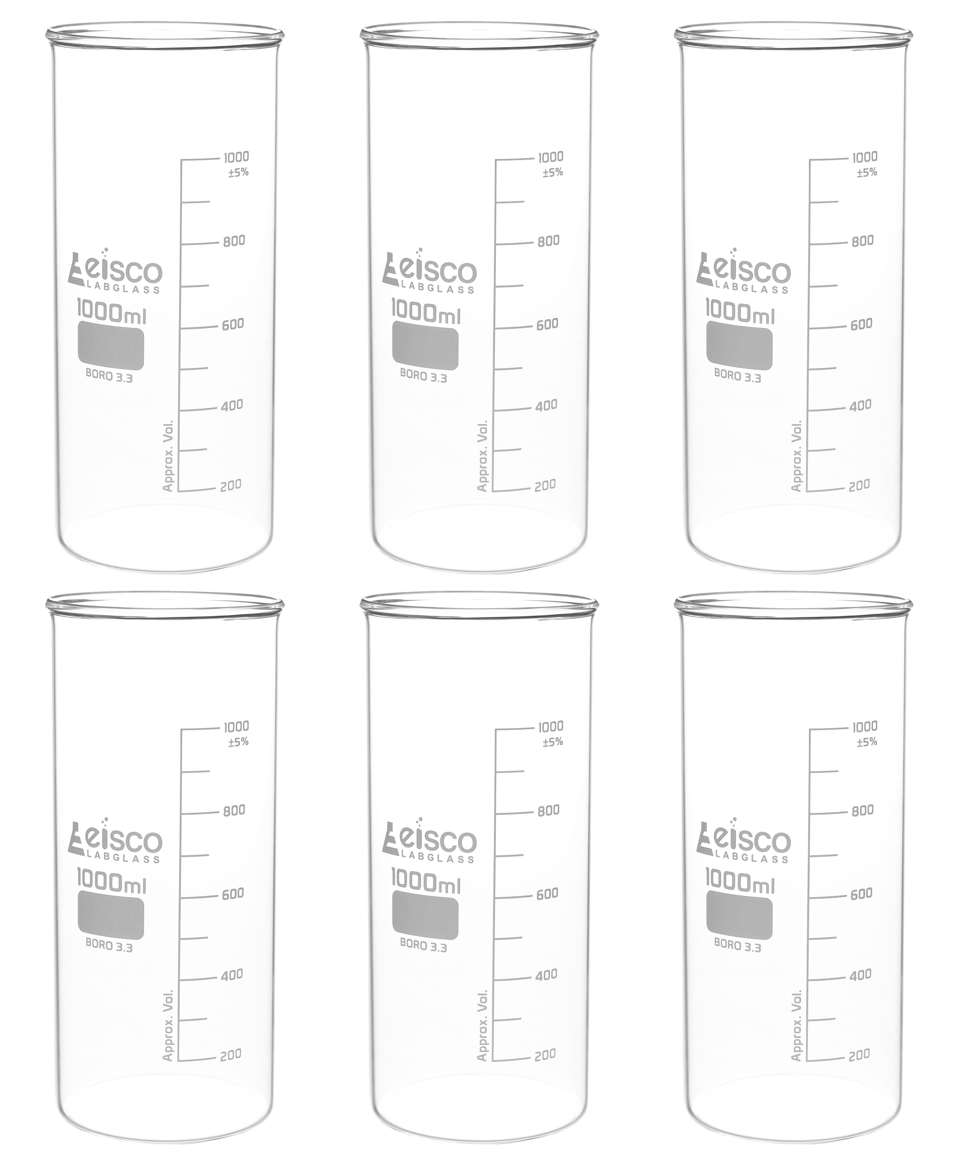 Tall Form Berzelius Borosilicate Glass Beaker, Graduated, 6-Pack