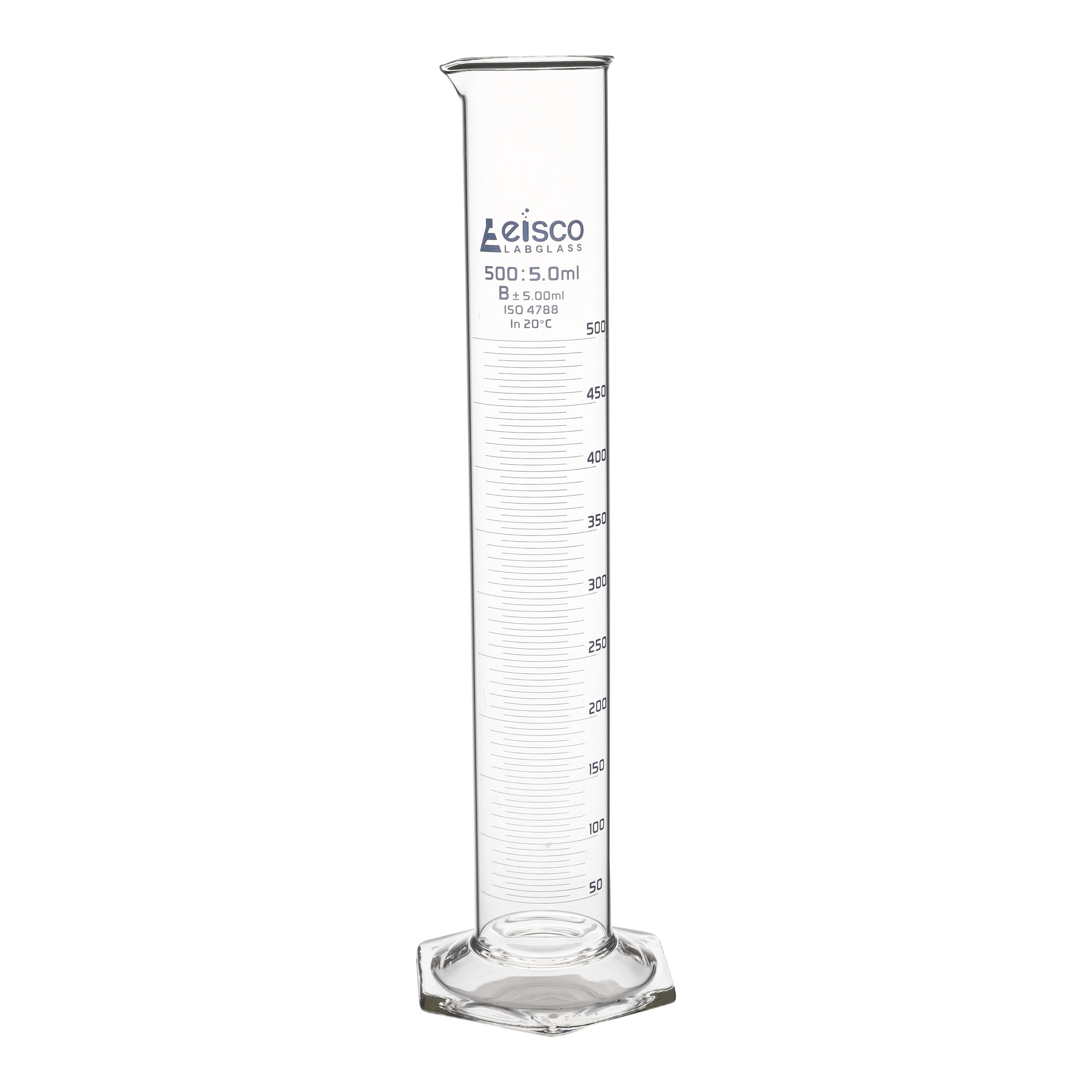 Class B Borosilicate Glass Graduated Cylinder with Hexagonal Base, Blue Graduations