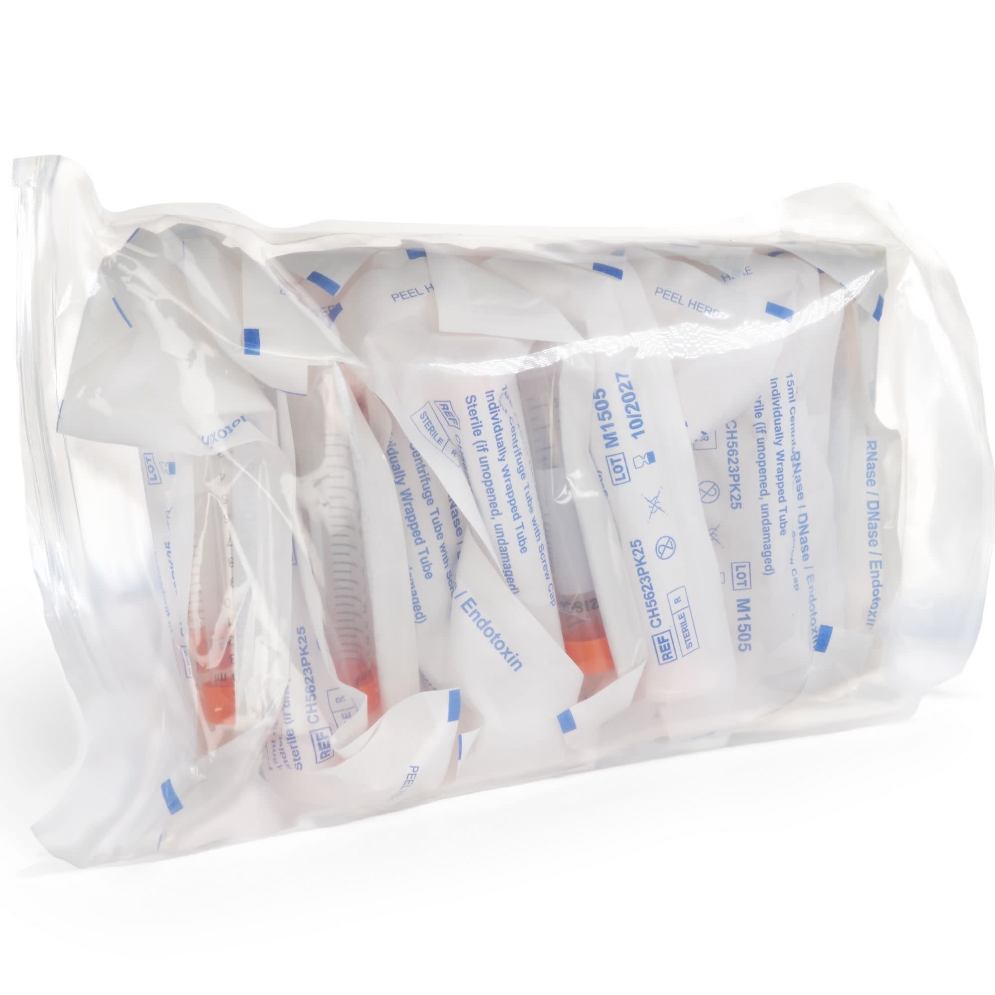 25-Pack Sterile Individually Wrapped Polypropylene Centrifuge Tubes with Flat Cap, 15mL