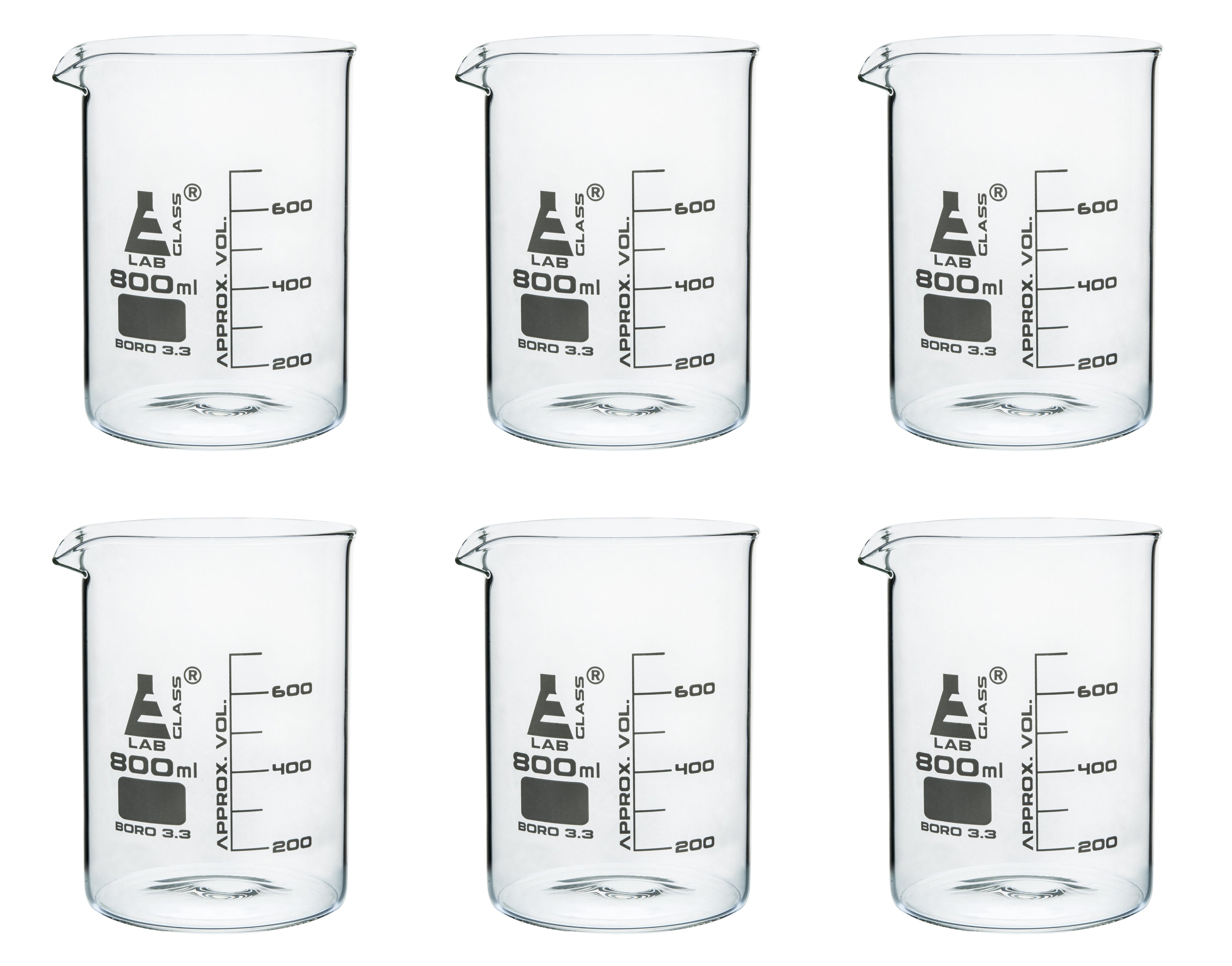 6-Pack Low Form Griffin Beakers with Spout, 800mL, White Graduations, Borosilicate 3.3 Glass