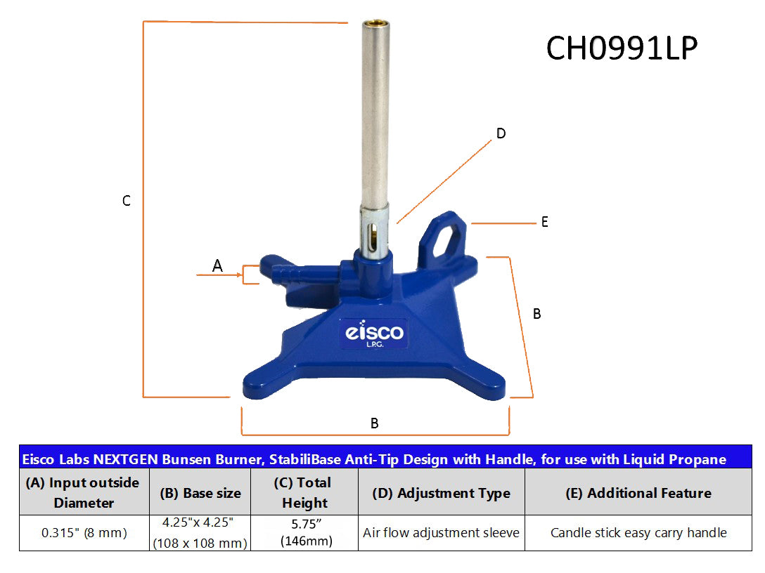 LPG Bunsen Burner with Cast Iron StabiliBase and Air Flow Control