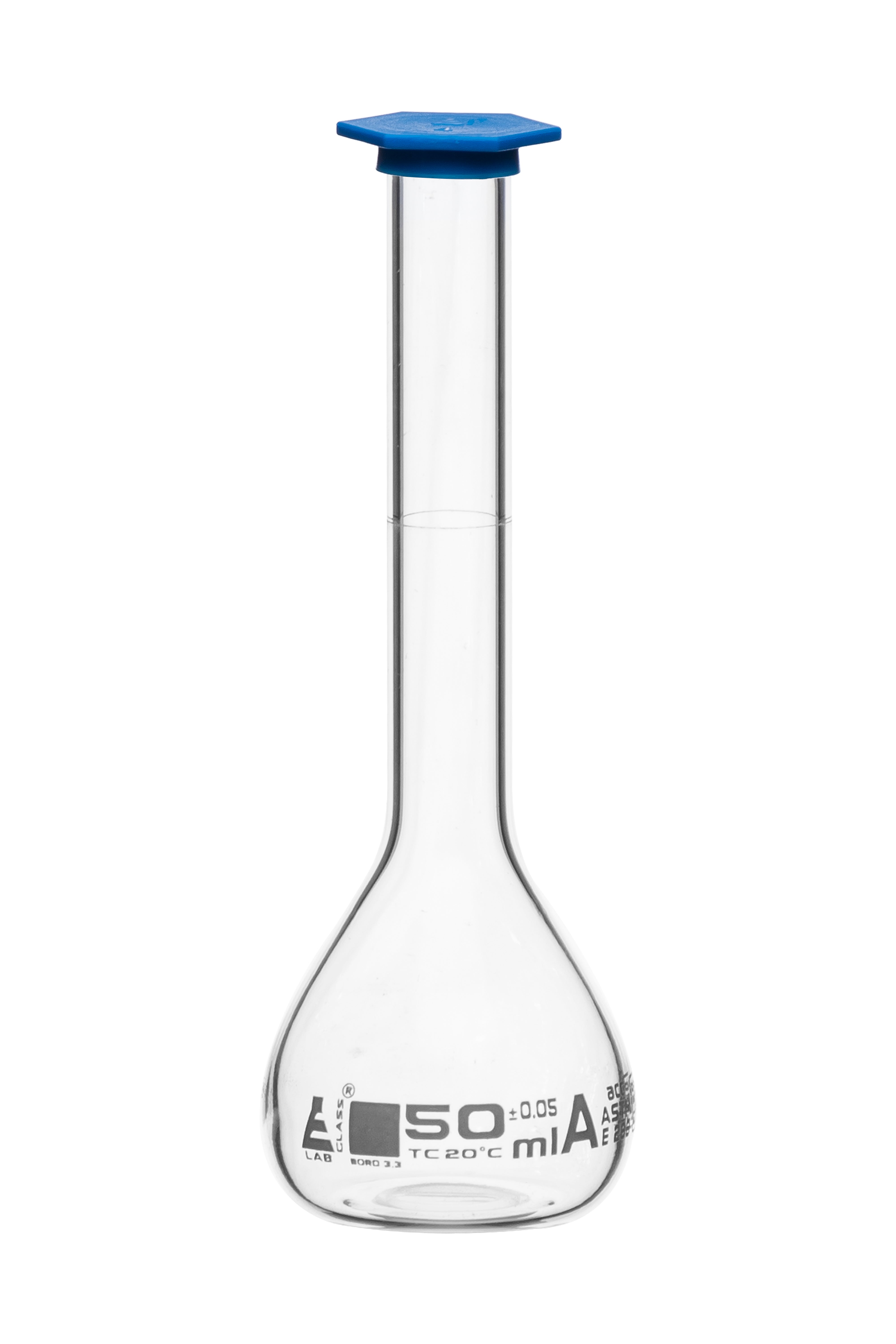 ASTM Class A Borosilicate Glass Volumetric Flask with Snap Cap, White Graduations