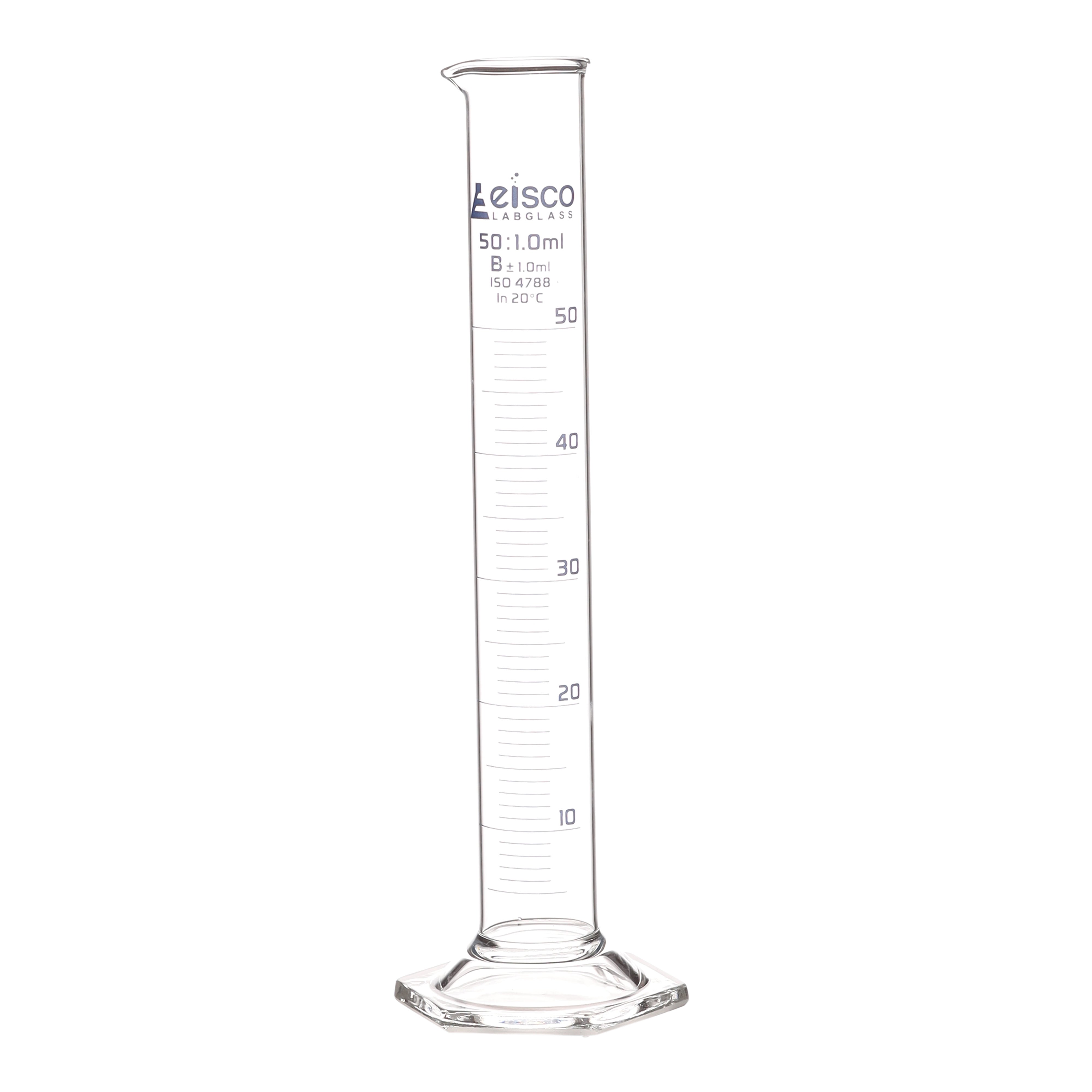 Class B Borosilicate Glass Graduated Cylinder with Hexagonal Base, Blue Graduations