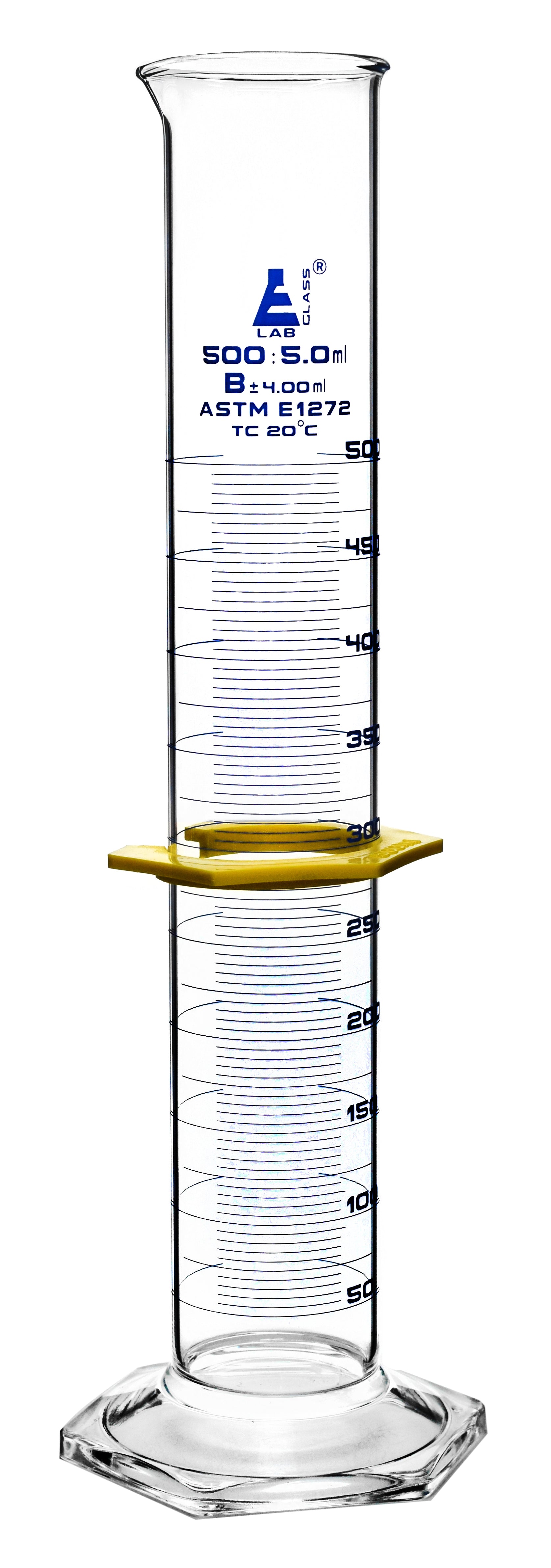 Class B Borosilicate Glass Graduated Cylinder with Protective Collar, Blue Graduations