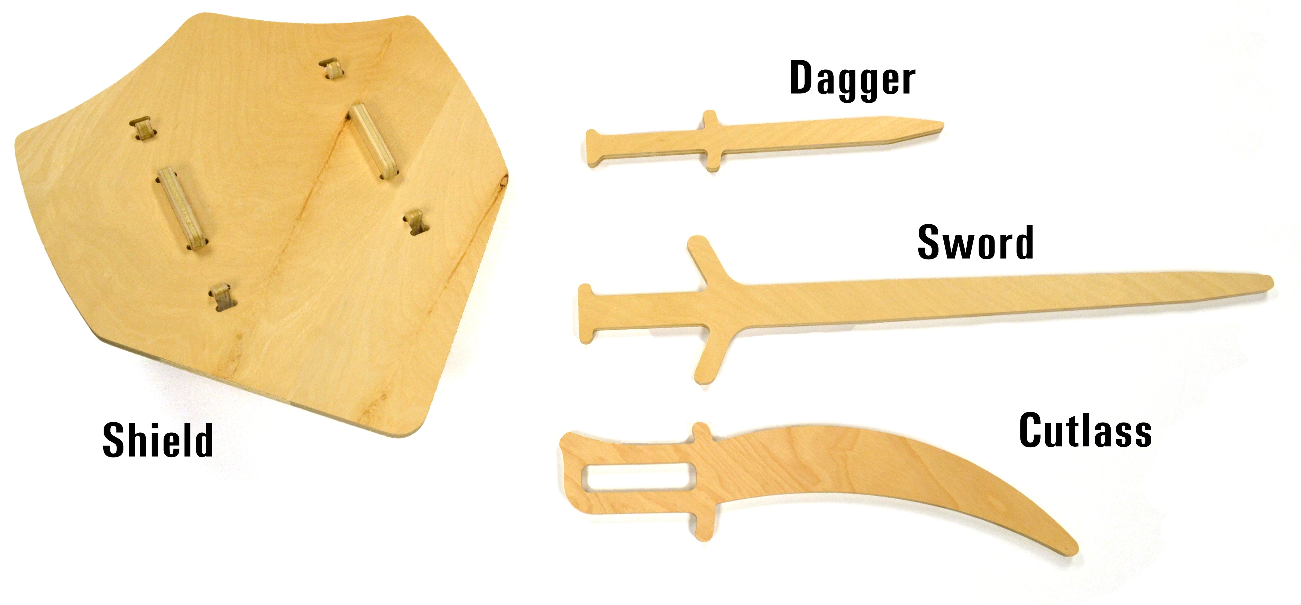 Wooden Full Weapon Armory Set with Cutlass, Dagger, Sword and Shield