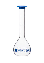 ASTM Class B Volumetric Flask with Blue Snap Cap, 25mL, White Graduations, Borosilicate Glass