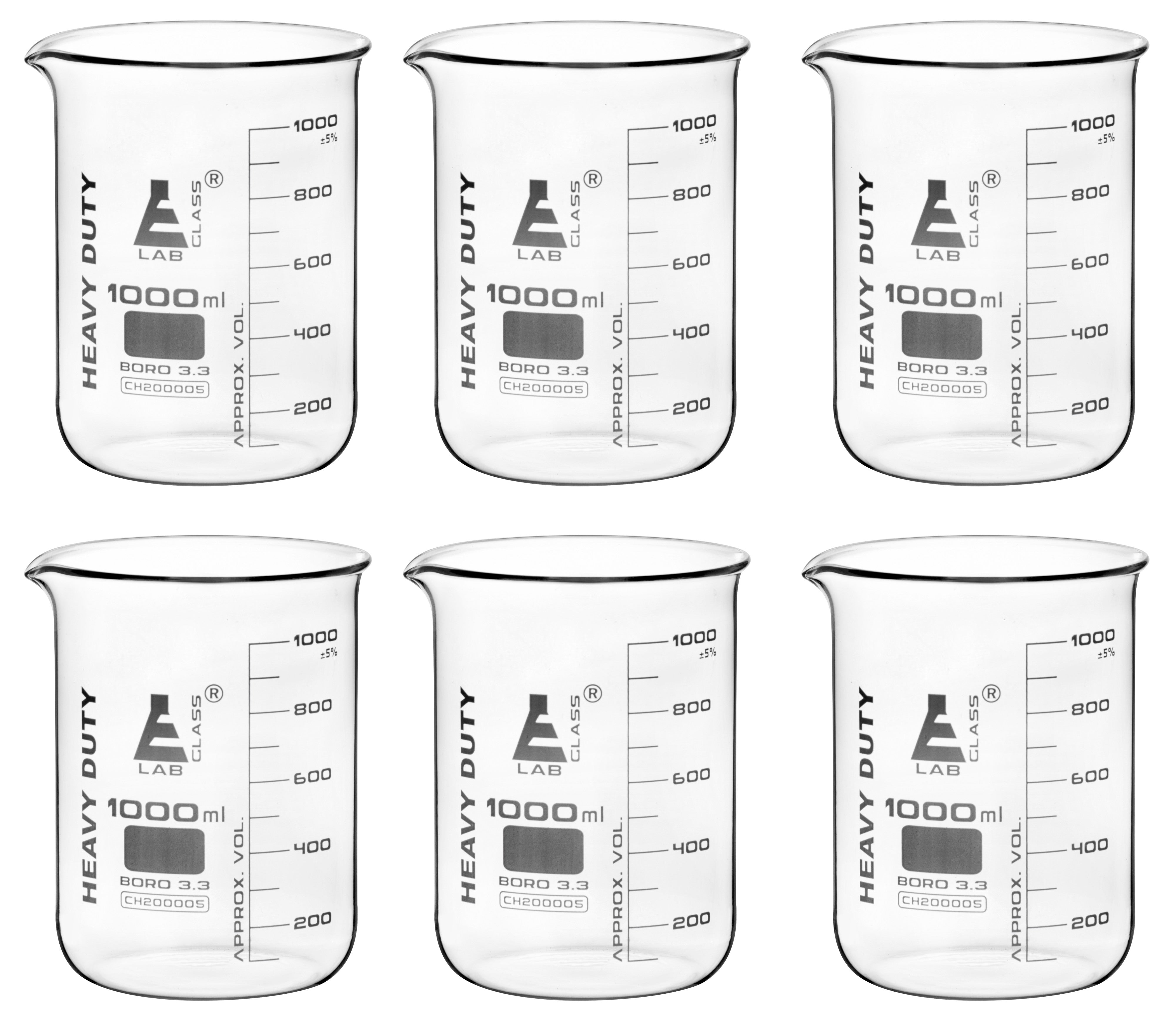 Heavy Duty Borosilicate Glass Beaker with White Graduations, 6-Pack
