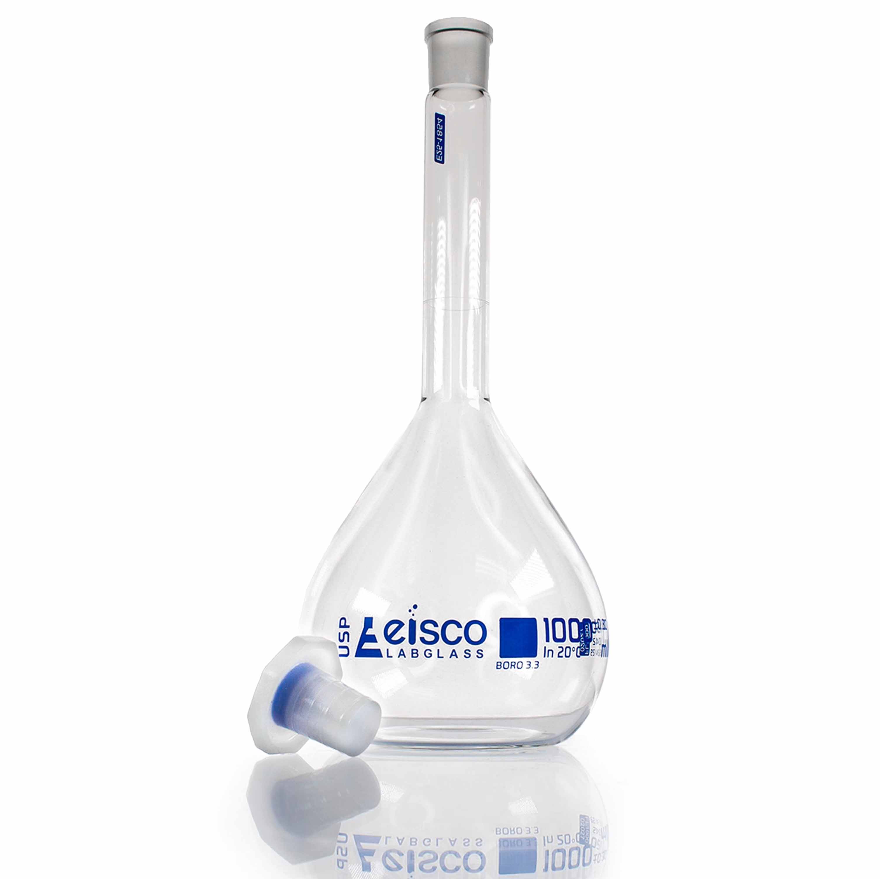 ASTM E288 Class A Volumetric Flask with Polypropylene Stopper, 1000mL, Single Graduation Mark, Borosilicate 3.3 Glass