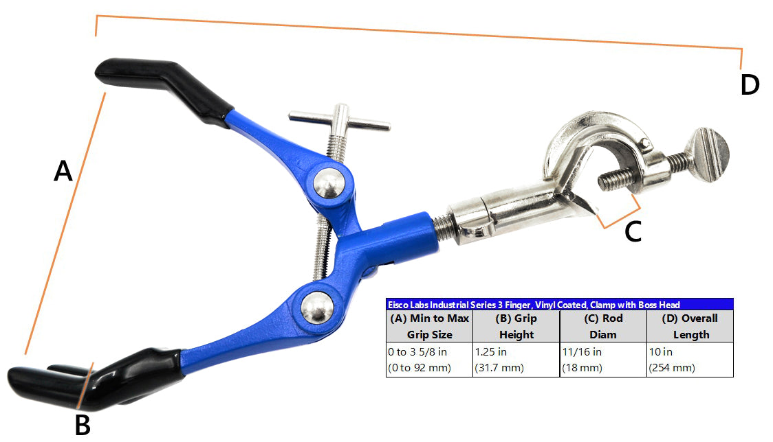3-Finger Vinyl-Coated Extension Clamp with Swivel Boss Head, 3.4" Max