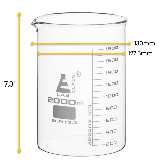 Low Form Borosilicate Glass Beaker with Spout, 2000mL, 4-Pack