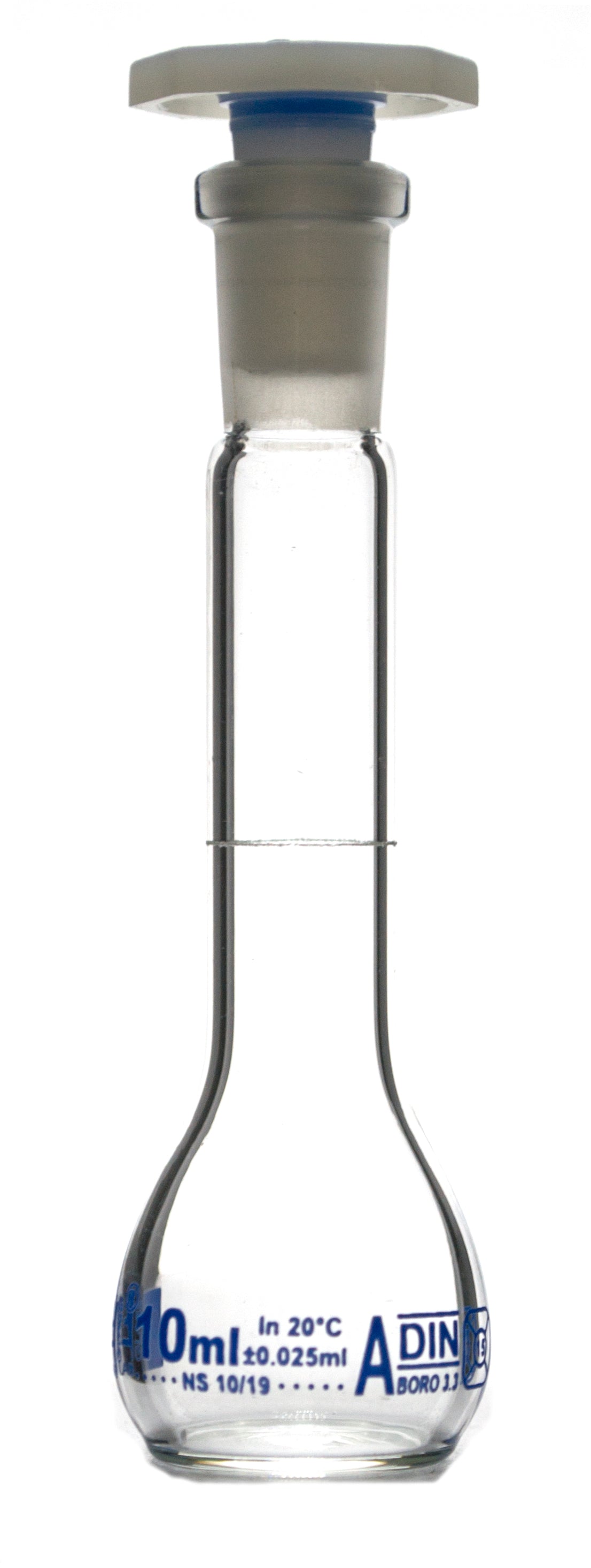 Class A Borosilicate Glass Volumetric Flask with Polyethylene Stopper, Blue Graduations