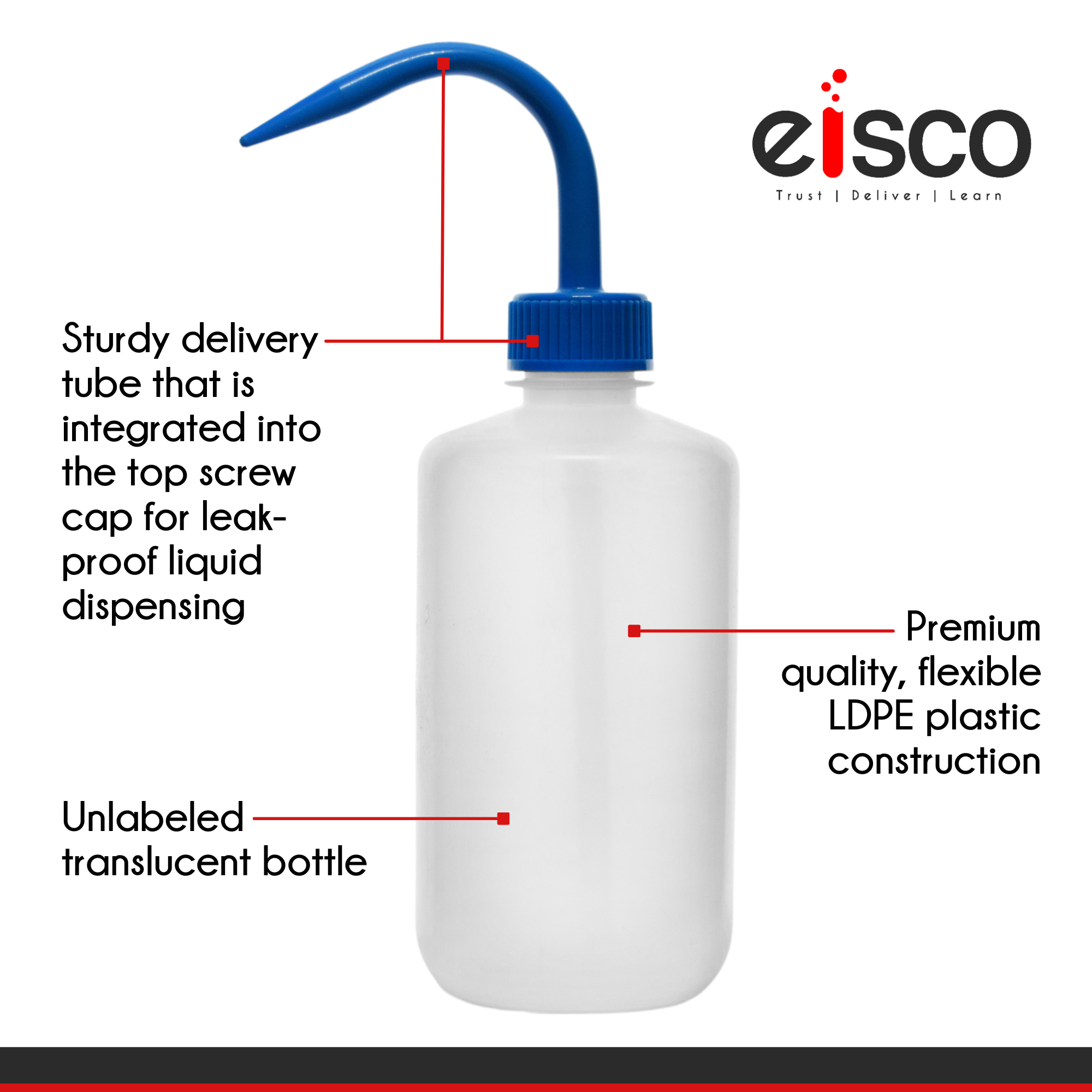 Premium Self-Venting LDPE Narrow Mouth Wash Bottle with Blue Cap, 250mL