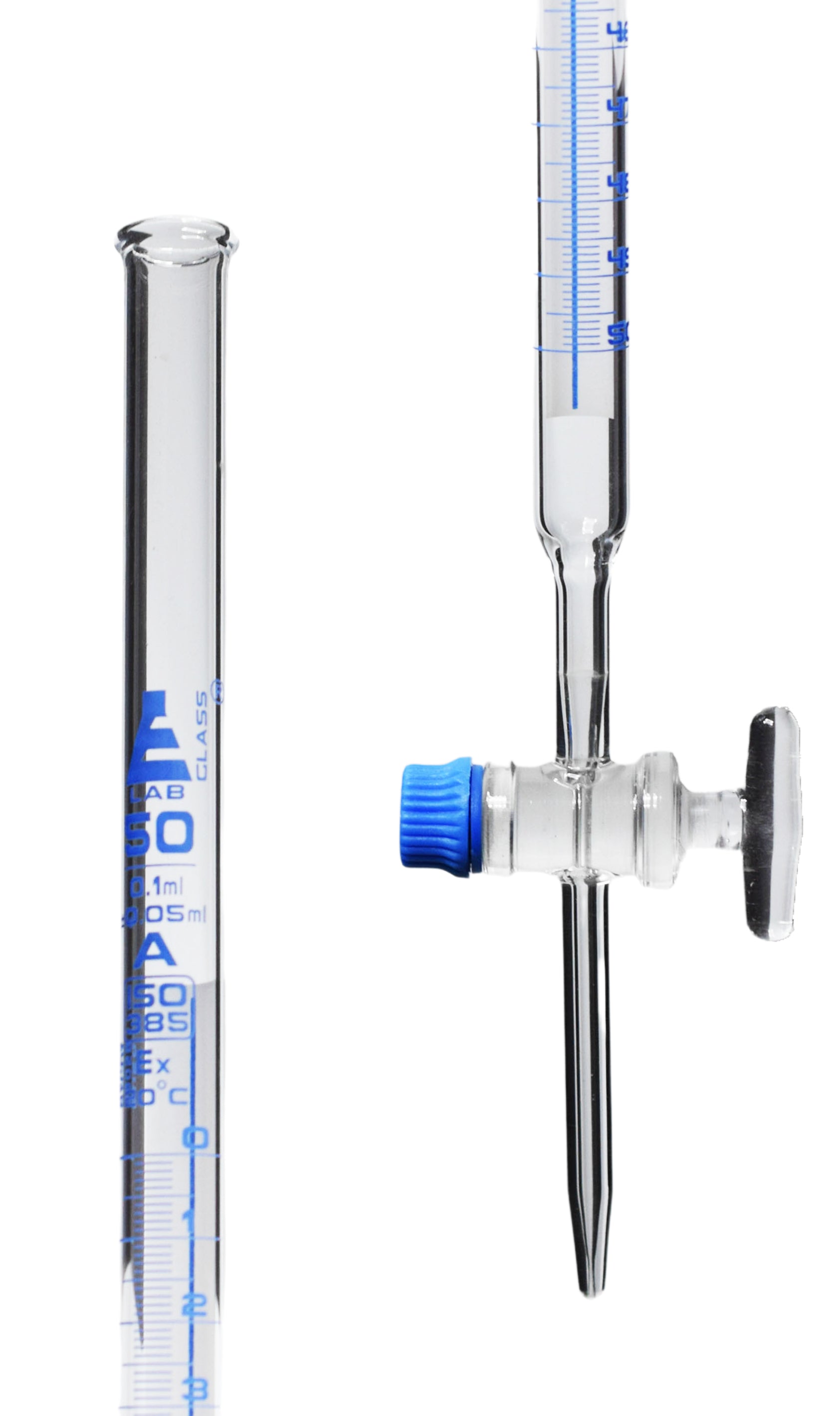 Class A Schellbach Borosilicate Glass Burette with Glass Stopcock, Blue Graduations