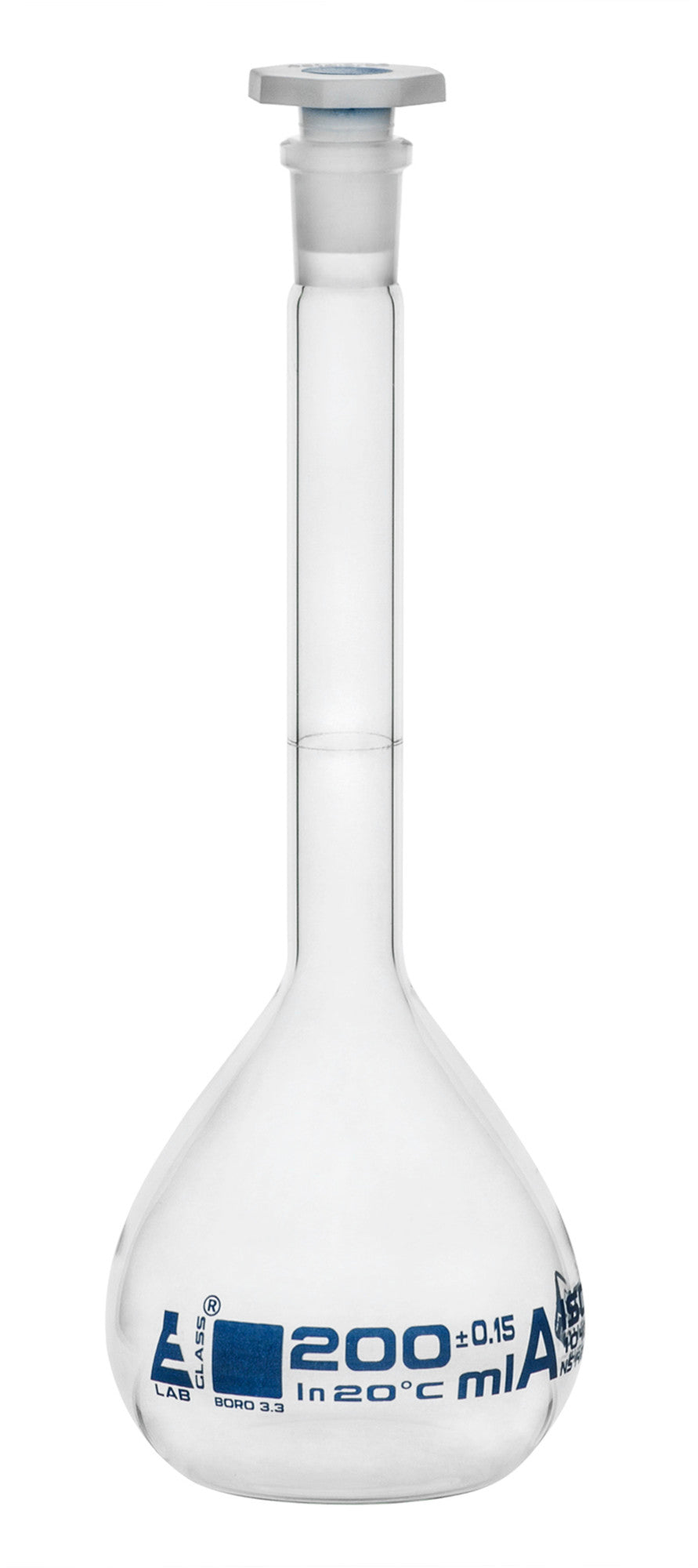 Volumetric Flask, 200ml - Class A - 14/23 Stopper - Blue Graduation Mark - Borosilicate Glass - Includes Individual Work Certificate