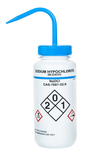 Self-Venting Wide Mouth LDPE Sodium Hypochlorite Bleach Wash Bottle with Safety Labeling, 1000mL