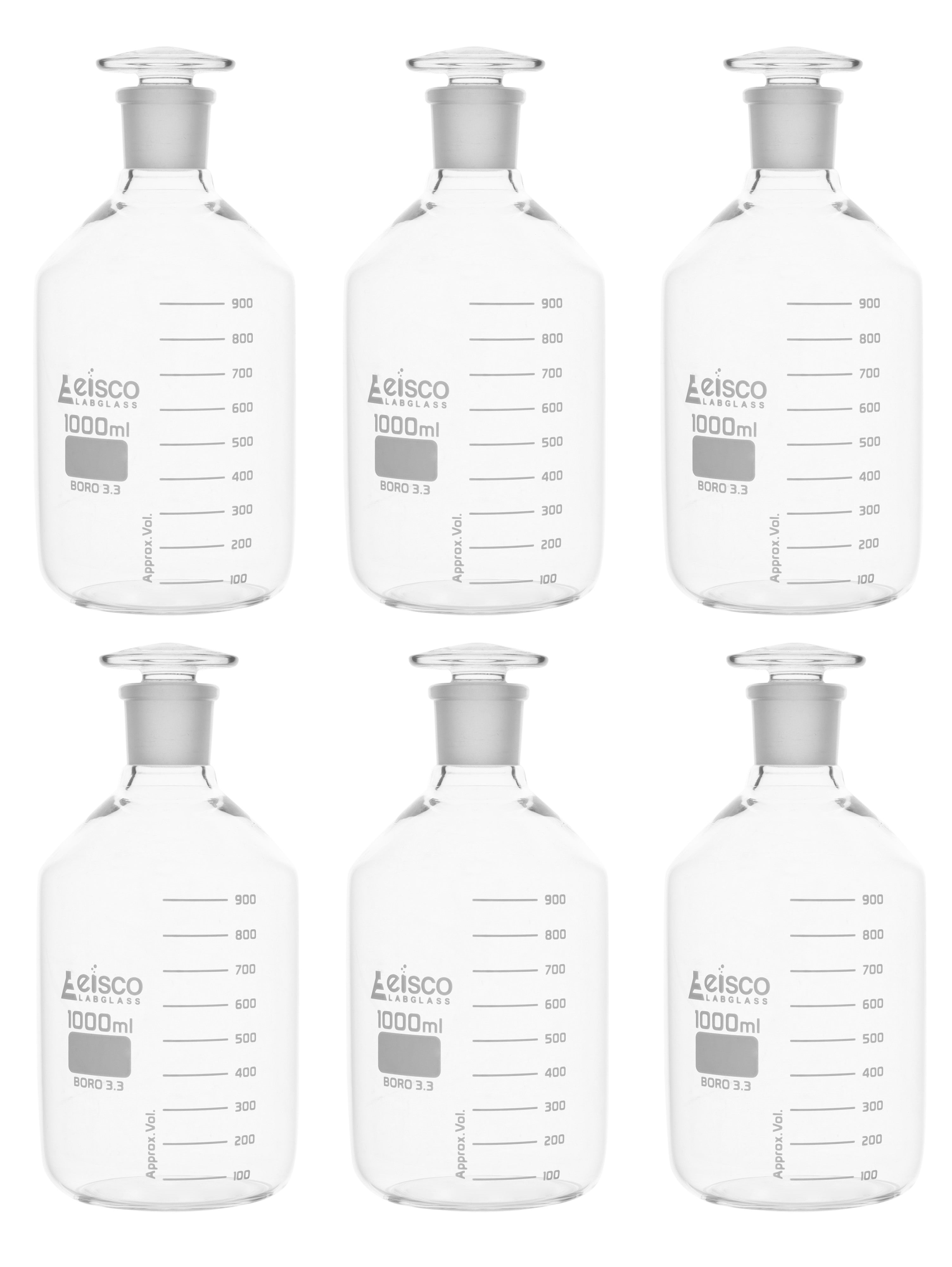 Graduated Narrow Mouth Borosilicate Glass Reagent Bottle with Glass Stopper, 6-Pack