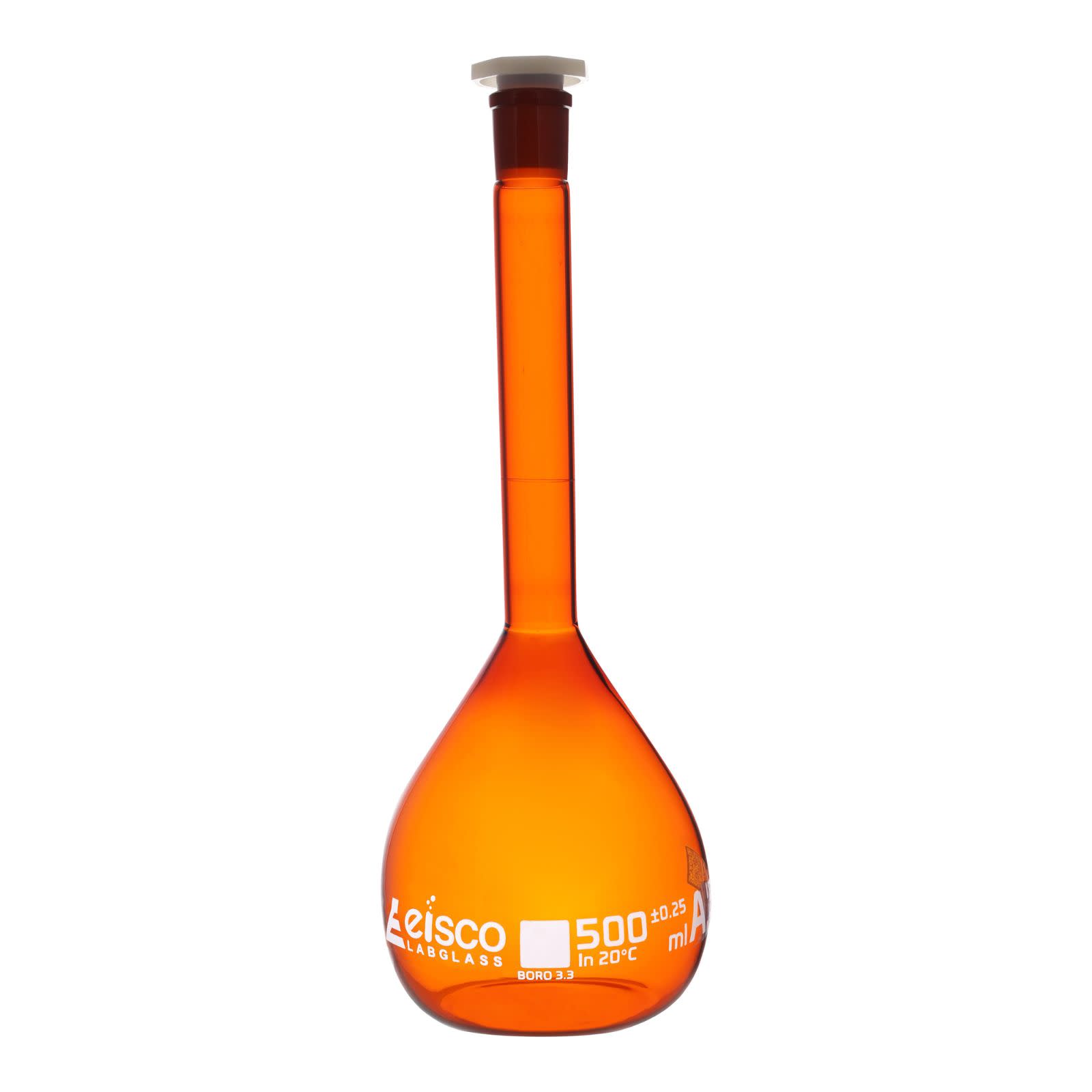 Class A Amber Borosilicate Glass Volumetric Flask with Polyethylene Stopper, QR Certificate