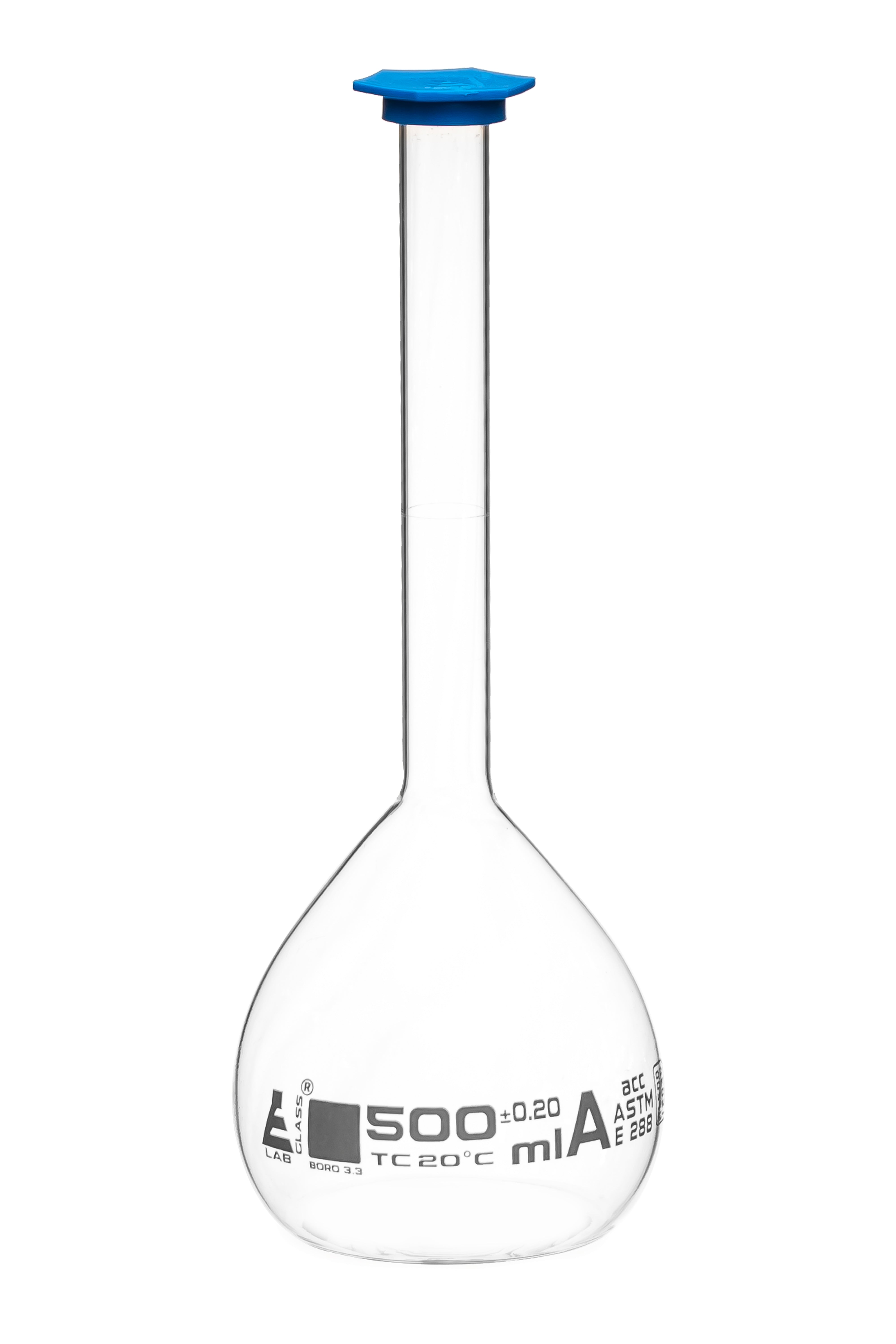 ASTM Class A Borosilicate Glass Volumetric Flask with Snap Cap, White Graduations