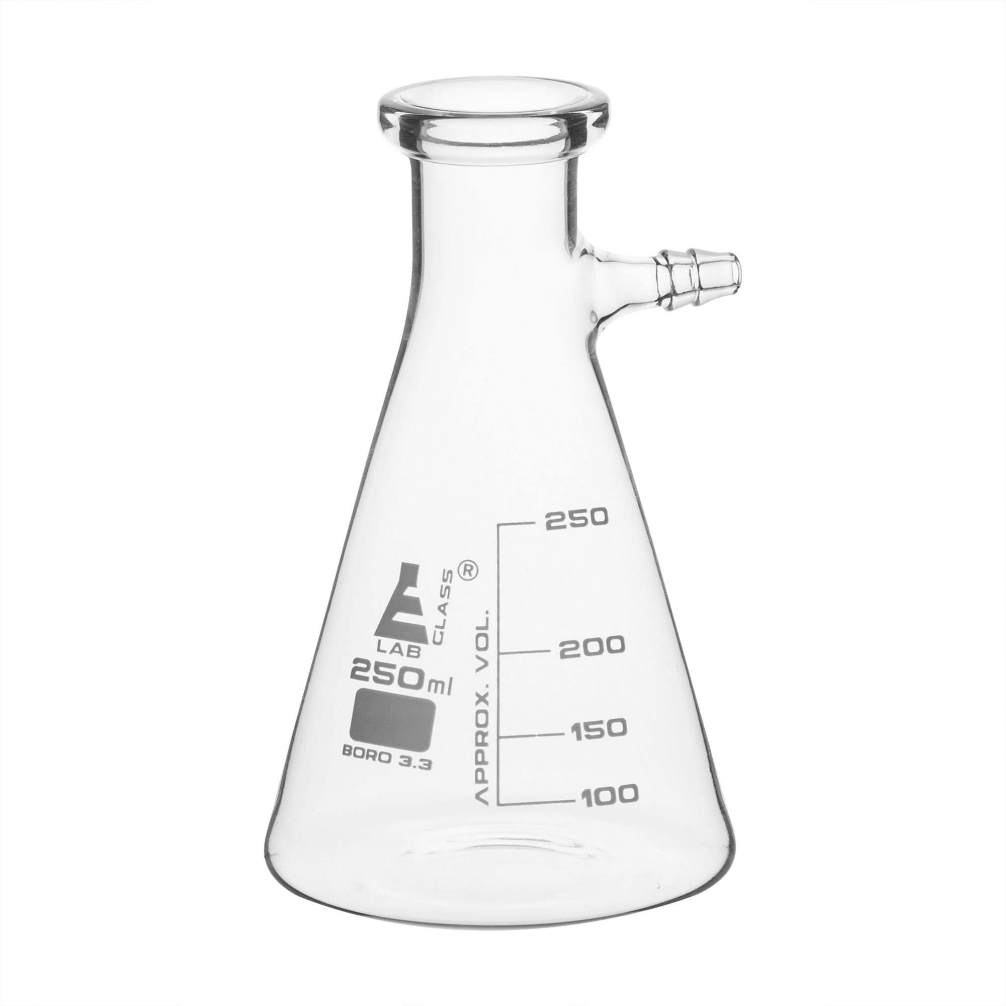 Conical Filtering Flask with Integral Side Arm, 250mL, White Graduations, Borosilicate Glass