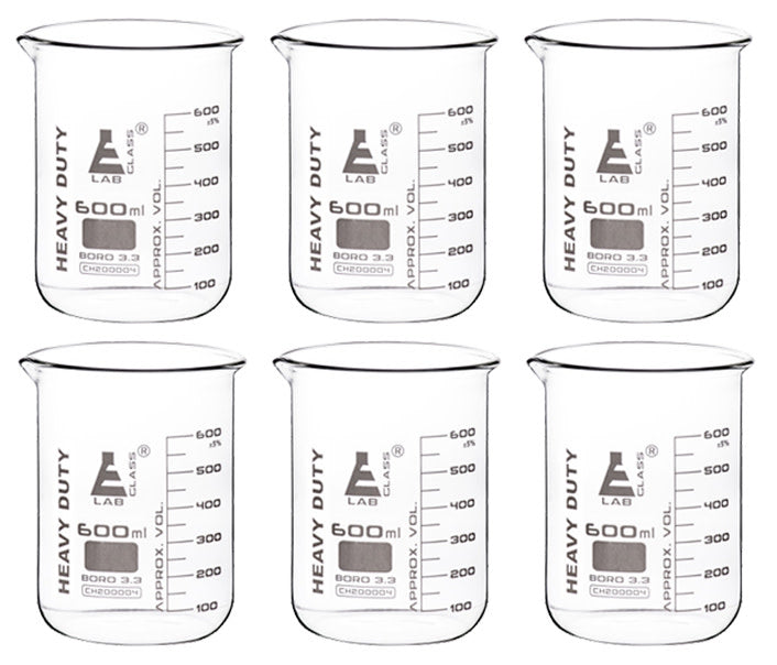 Heavy Duty Borosilicate Glass Beaker with White Graduations, 6-Pack