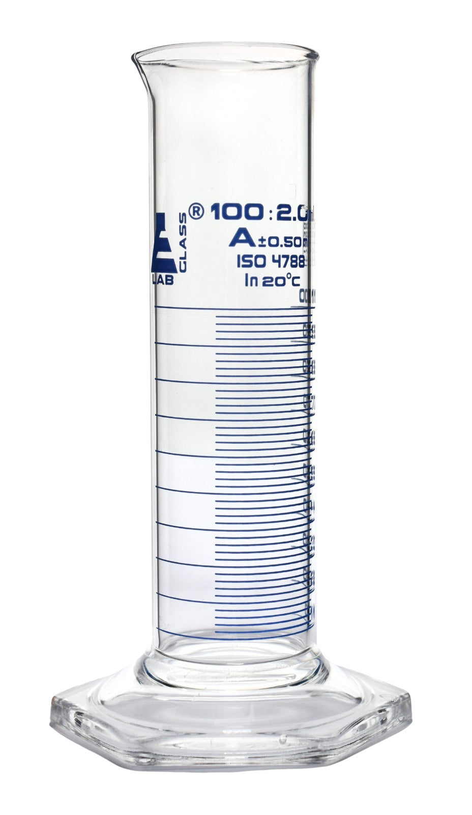 Class A Squat Form Borosilicate Glass Graduated Cylinder with Blue Graduations
