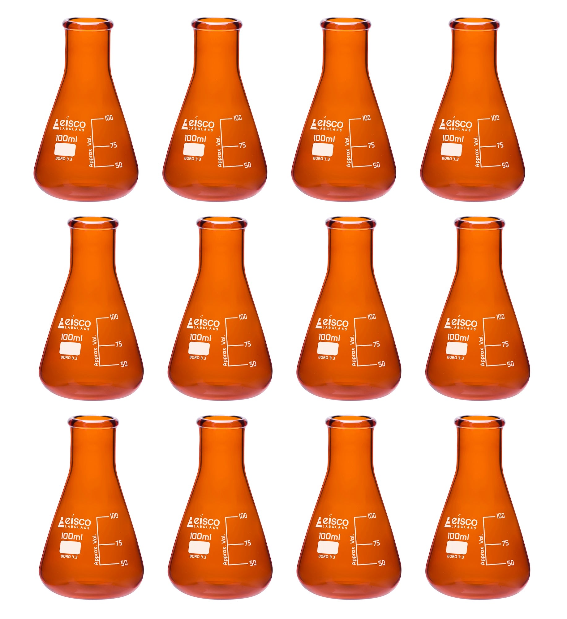 Narrow Neck Amber Borosilicate Glass Erlenmeyer Flask, 12-Pack