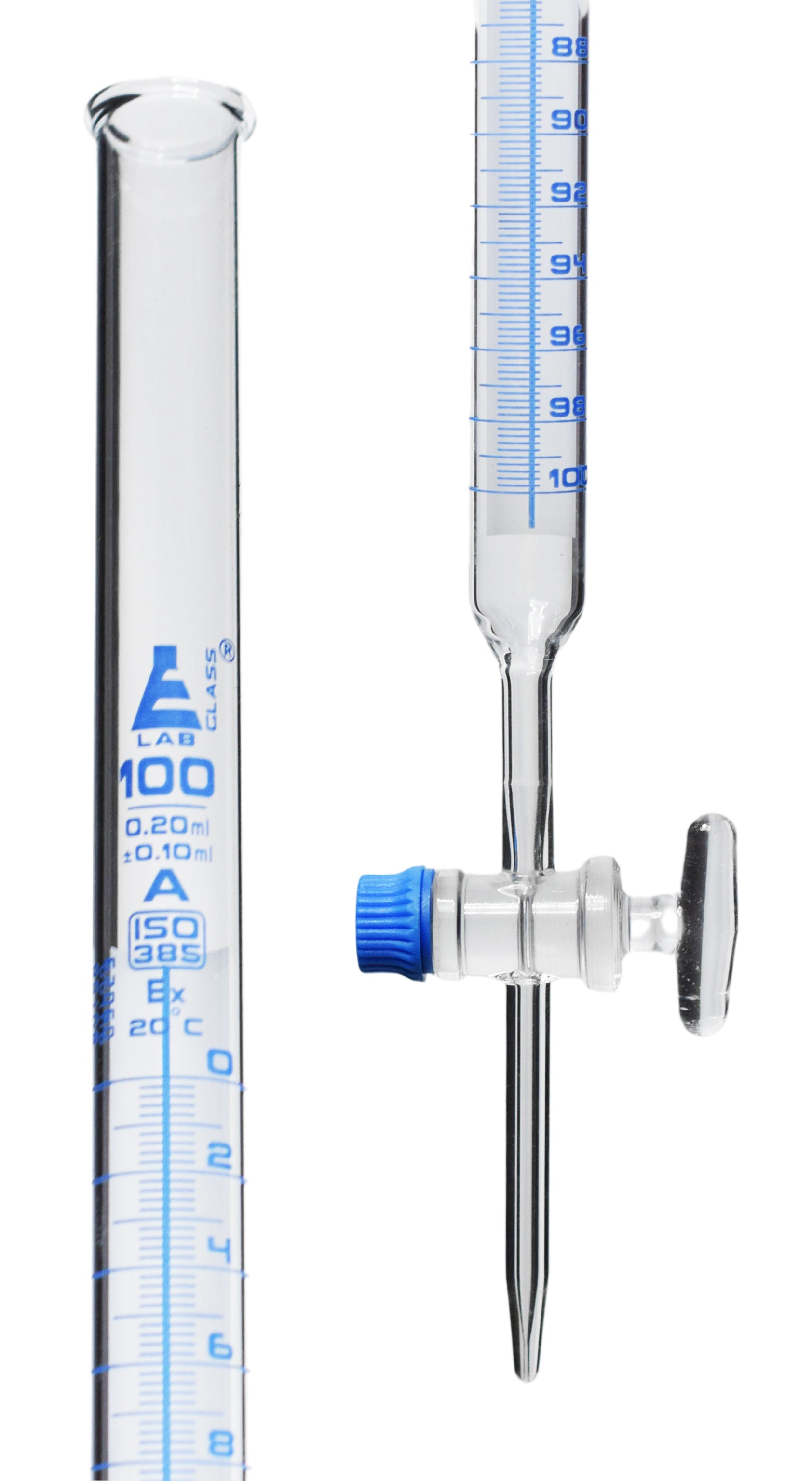 Class A Schellbach Borosilicate Glass Burette with Glass Stopcock, Blue Graduations