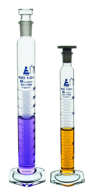 Class B Graduated Cylinder with Polypropylene Stopper and Hexagonal Base, 2000mL, 34/35, White Graduations, Borosilicate Glass
