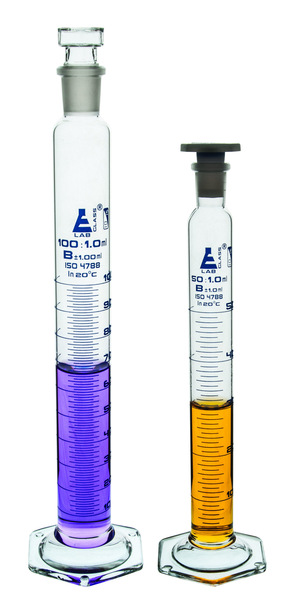 Class B Graduated Cylinder with Polypropylene Stopper and Hexagonal Base, 2000mL, 34/35, White Graduations, Borosilicate Glass