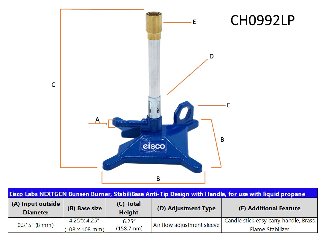 LPG Bunsen Burner with Cast Iron StabiliBase and Flame Stabilizer