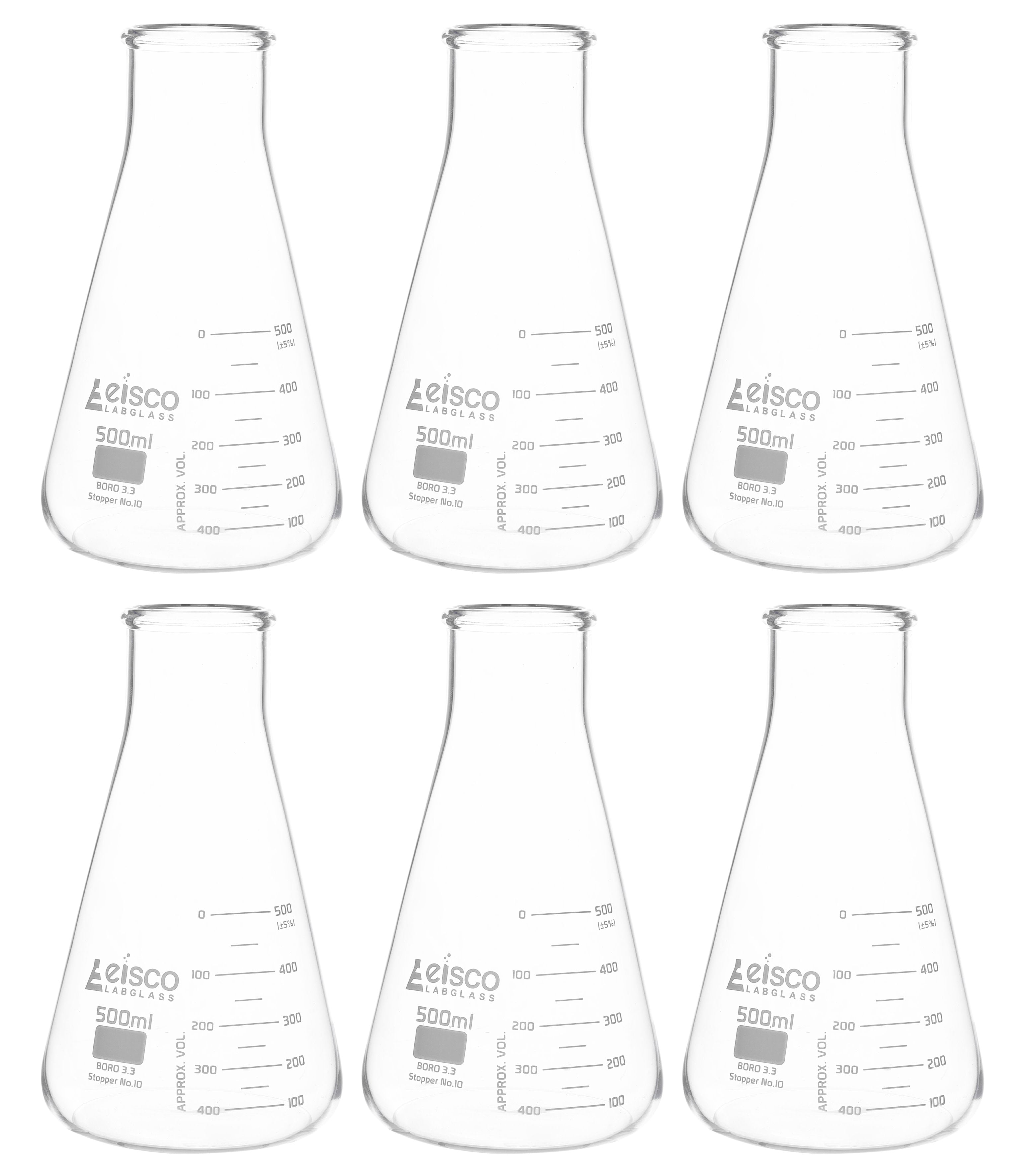 6-Pack ASTM Wide Neck Erlenmeyer Flasks with Dual Graduated Scale, 500mL, Borosilicate Glass