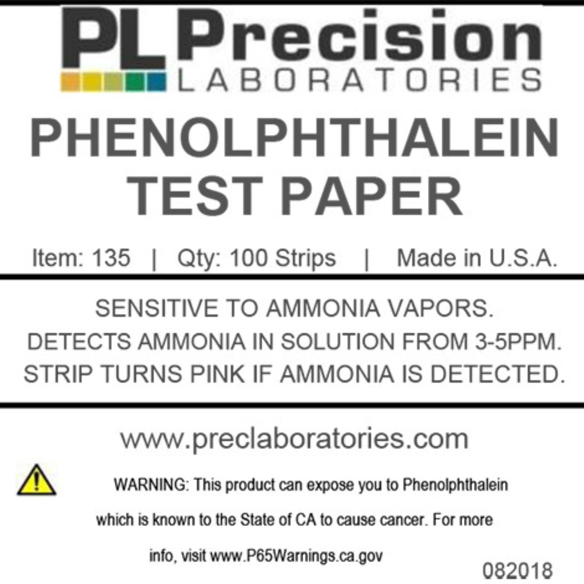 Phenolphthalein Ammonia Detection Test Paper, 100 Strips